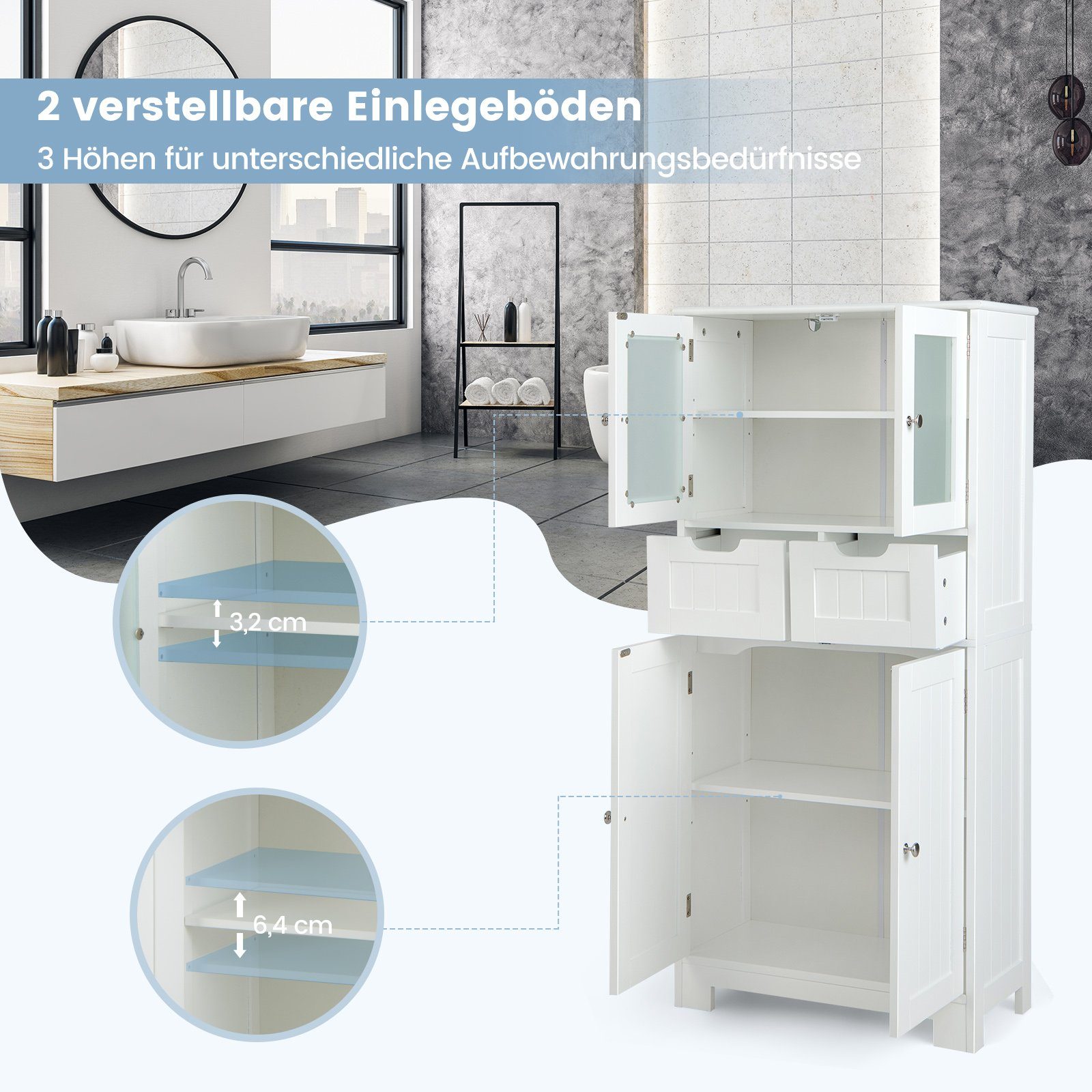COSTWAY Badkommode, Badschrank mit Schublade, verstellbarem Regal, weiß 128cm