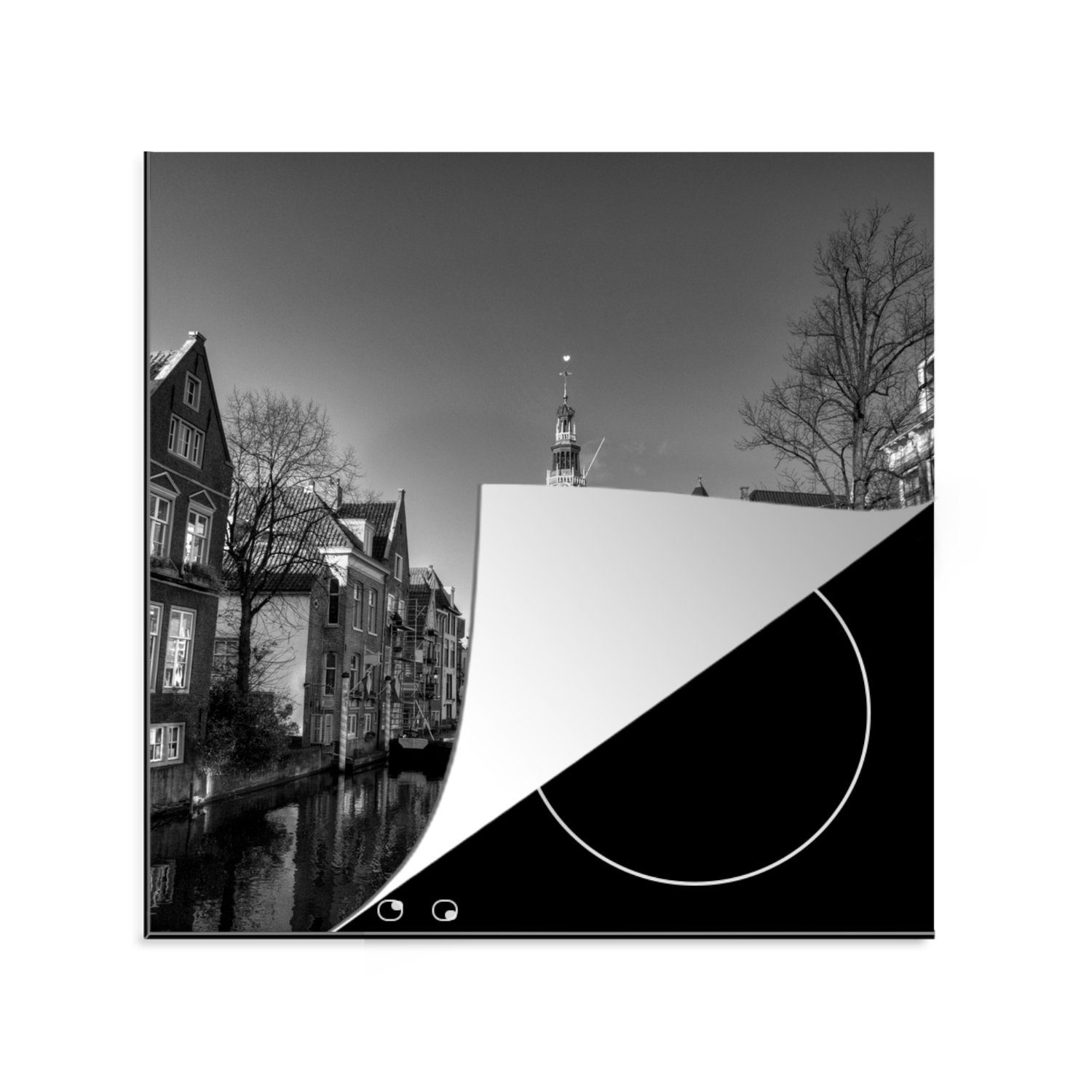 MuchoWow Herdblende-/Abdeckplatte Alkmaar - Kanal - Schwarz - Weiß, Vinyl, (1 tlg), 78x78 cm, Ceranfeldabdeckung, Arbeitsplatte für küche | Herdabdeckplatten