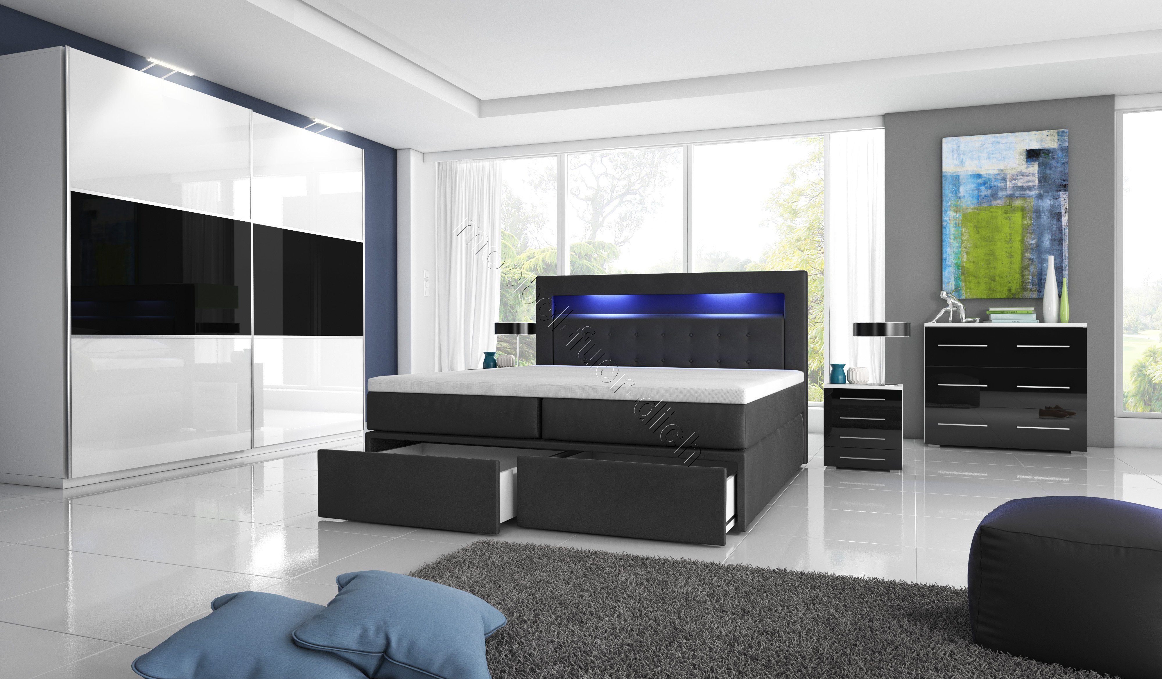 Möbel für Dich Boxspringbett Milano2 mit Taschenfederkern, 7 cm Visco Topper und Schubladen vorne, LED-Licht im Kopfteil, Bezug aus Kunstleder