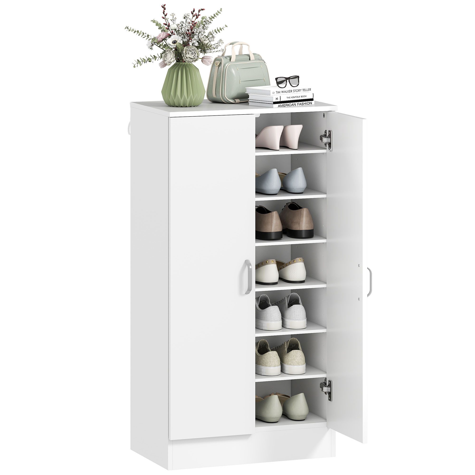 HOMCOM Schuhschrank Schuhkommode mit 2 Türen, 6 verstellbaren Ablagen, Soft-Close (Schuhregal, 1-St., Schuhaufbewahrung) für 14 Paar Schuhe 55 x 35 x 108 cm, Weiß