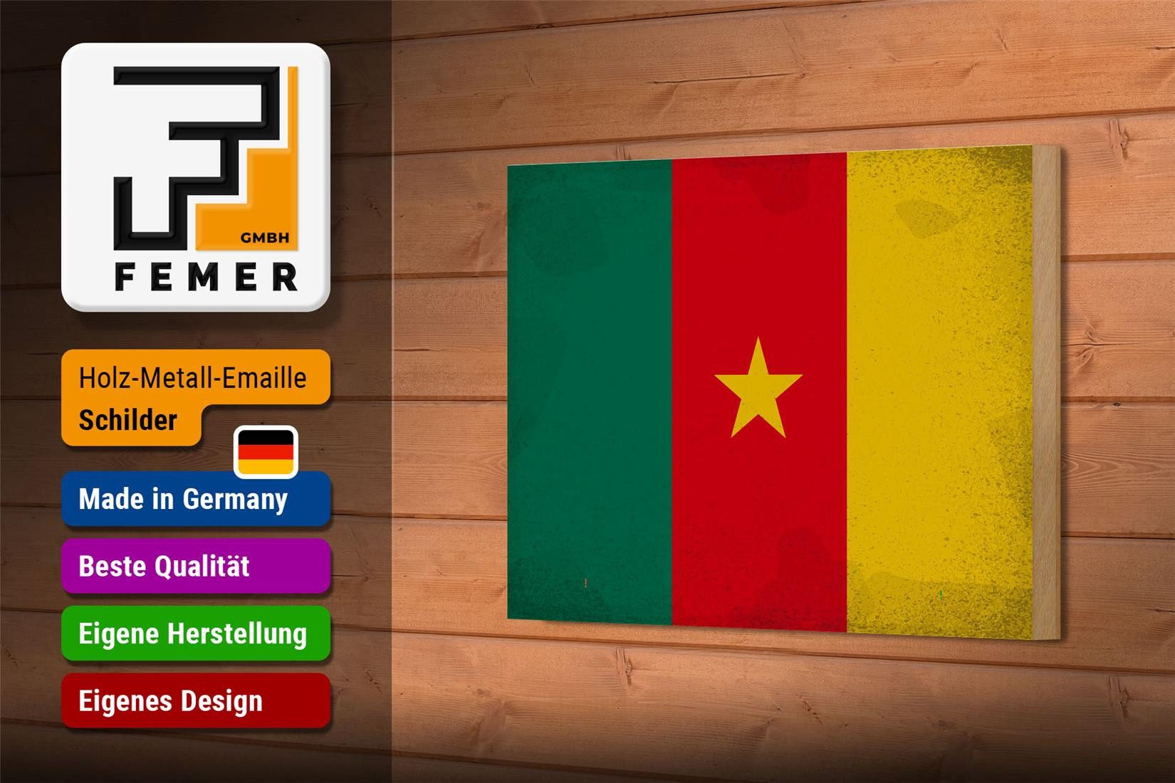 Femer GmbH Holzbild Flagge Kamerun 18x12cm Flag of Cameroon Vintage, Flaggen (1 St), Glatte Holzfaserplatte (MDF), vorn beschichtet
