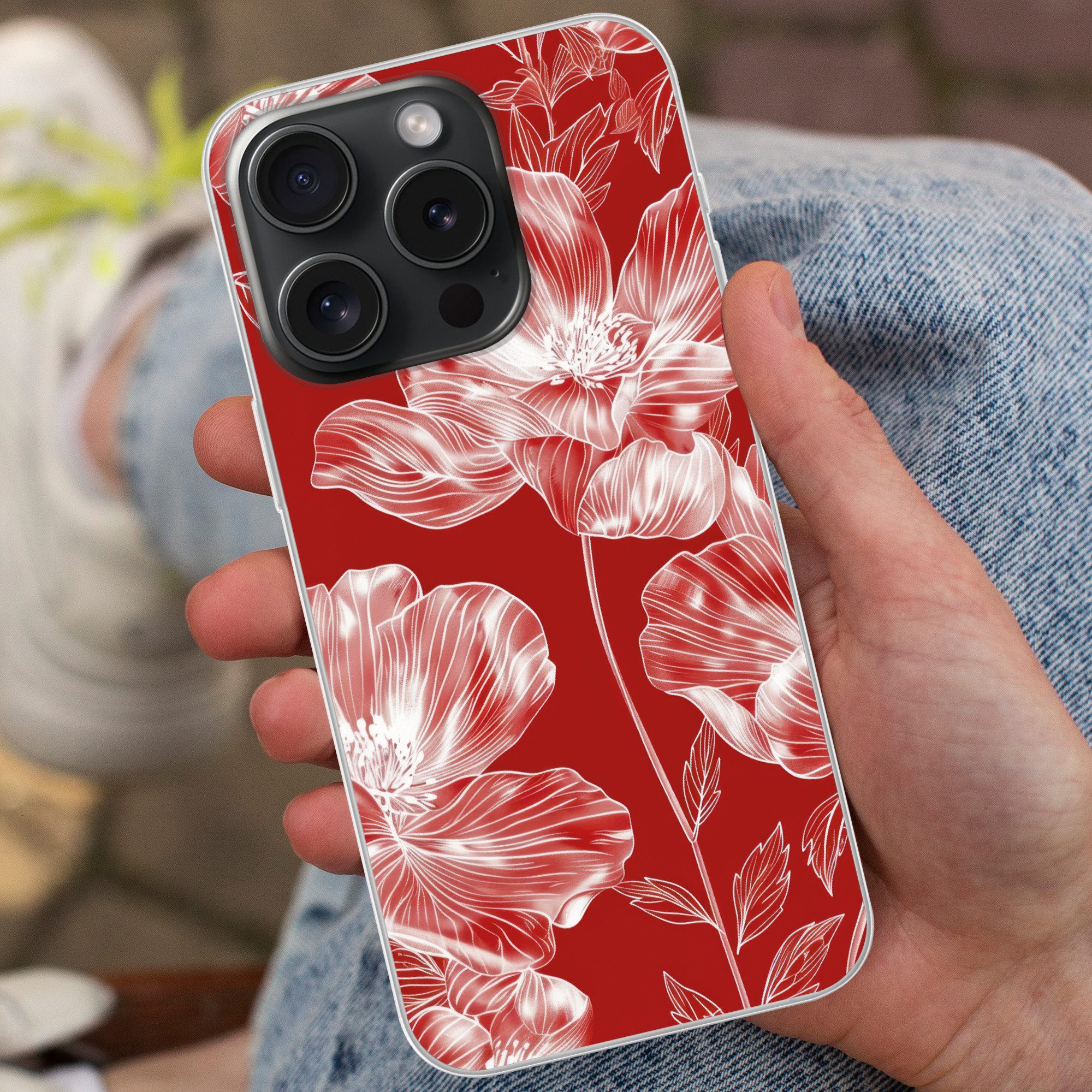 MuchoWow Handyhülle für Apple iPhone 15 Pro Blumen - Muster - Rot - Weiß, Smartphone-Bumper, Print, Handy Schutzhülle Dünn
