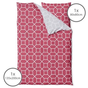 Wendebettwäsche Biber Bettwäsche 135x200 / 155x220 Magenta Hexagon, LINKHOFF, Winter Bettwäsche Beere & Silber, Mit Reißverschluss