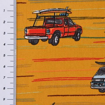 SCHÖNER LEBEN. Stoff Baumwollstoff Popeline Auto Truck Surfbrett Streifen ocker gelb rot bl