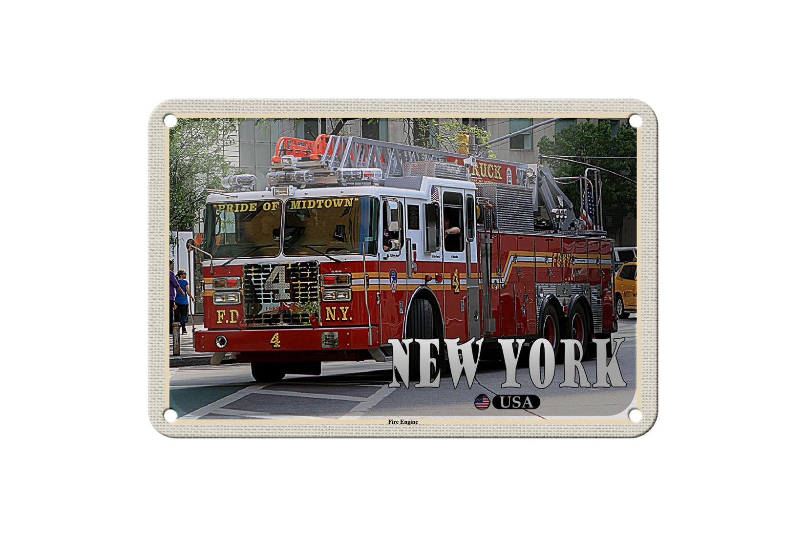 Metallschild Reise 18x12cm New York USA Fire Engine Feuerwehrauto