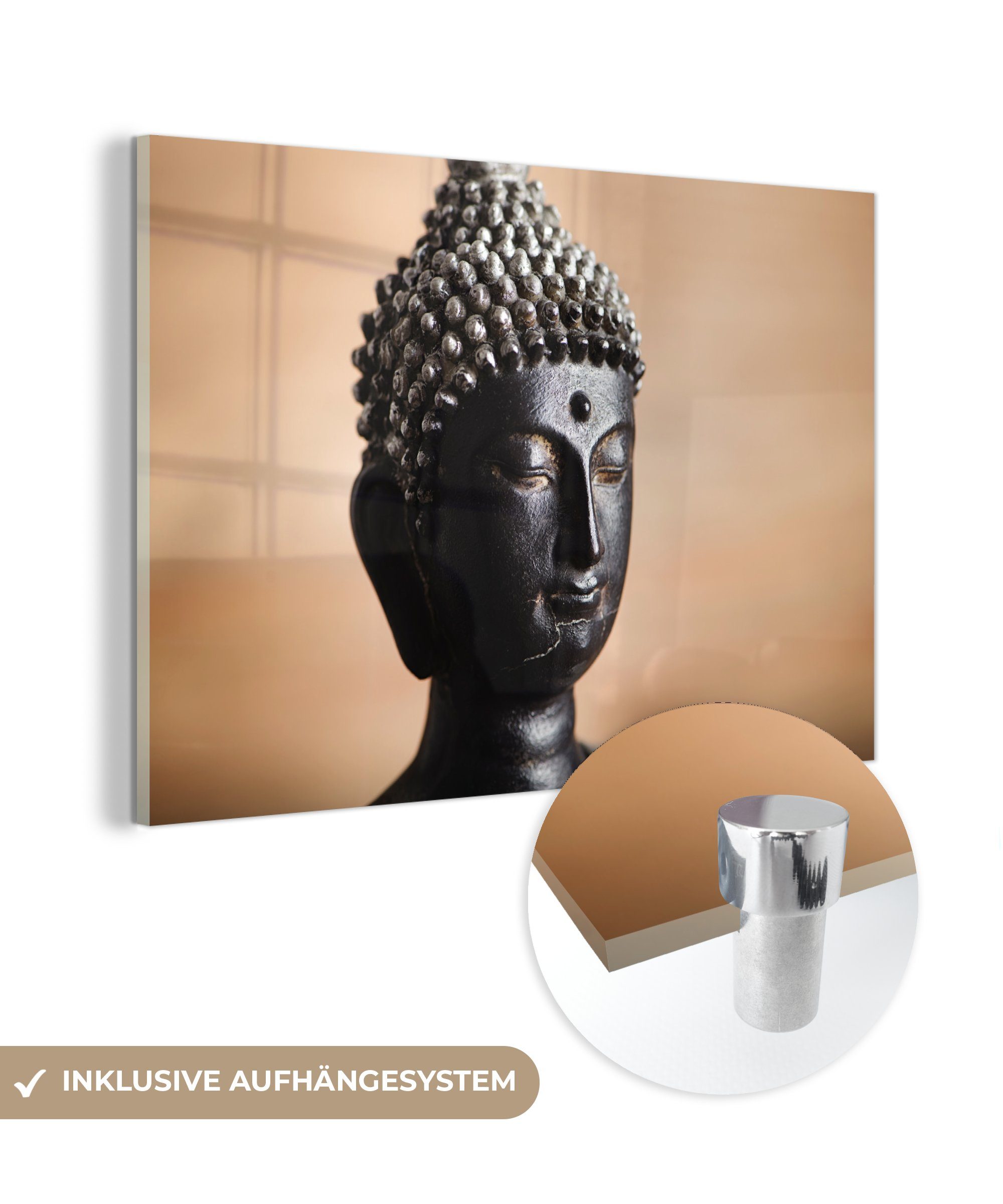MuchoWow Acrylglasbild Buddha - Gesicht Acrylglasbilder & - Wohnzimmer Schlafzimmer (1 St), Braun