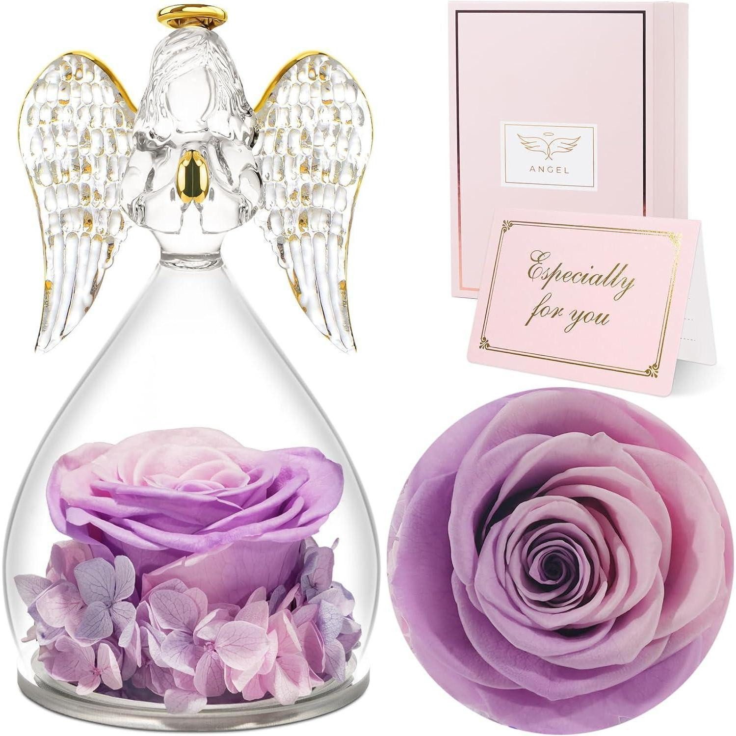 Kunstblume Ewige Rose Engel Figur Geschenk Muttertag Handgefertigt Glas rosa, LuxusKollektion, Höhe 17.8 cm