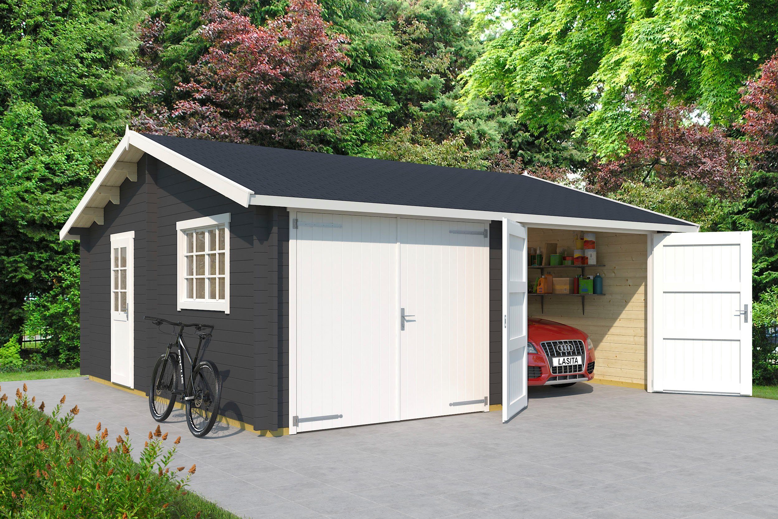 LASITA MAJA Garage Falkland (Set, Für Garage Fahrzeuge + 2 2 carbongrau Holztoren geeignet)