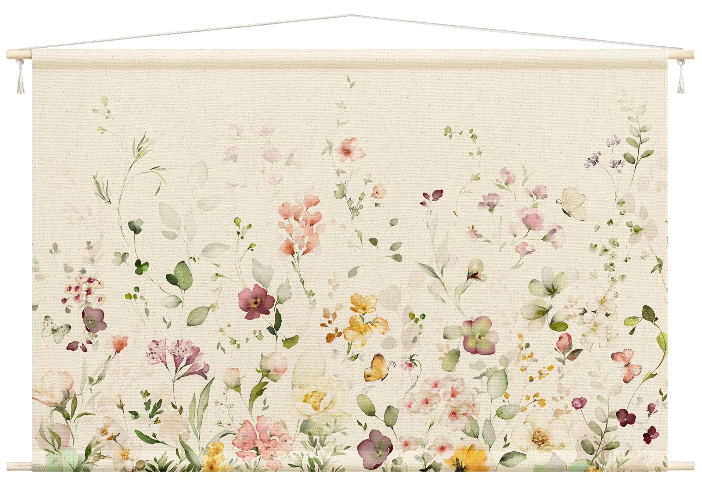 Bilderdepot24 Wandteppich modern Blumen Aquarell Tiere Schmetterlinge pastell, rechteckig, Höhe: 2.6 mm, großes Wandbild aus Natur-Baumwolle Wandbehang Stoffbild Tuch Wollseil