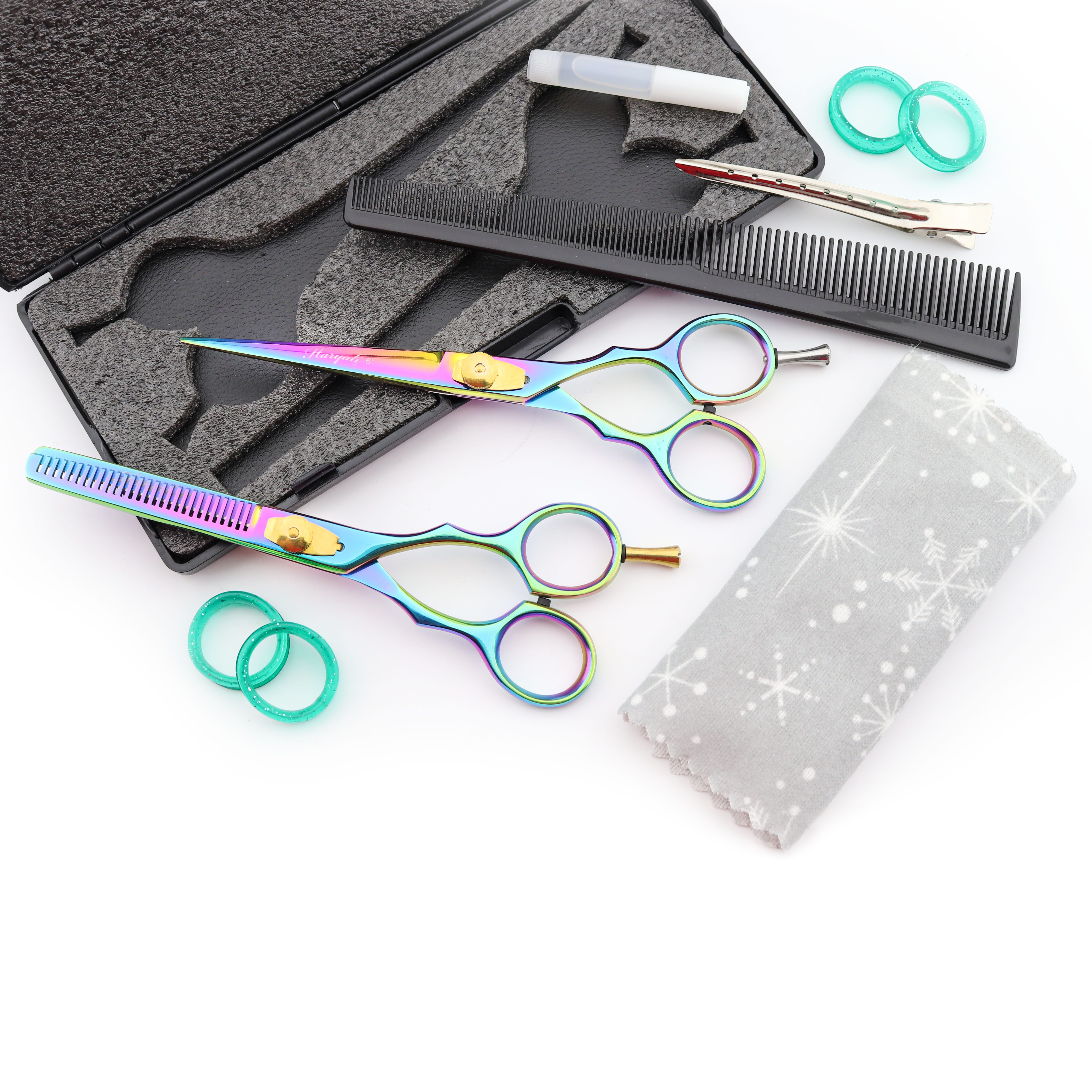 Haryali London Haarschere Friseurscheren-Set Haarschere und Effilierschere 6 Zoll Kamm Mehrzweck, (barber stylish scissor set, 2-tlg., thinning scissor, cutting scissor, cleaning cloth, oil, comb, box), 6 inch multi coloured