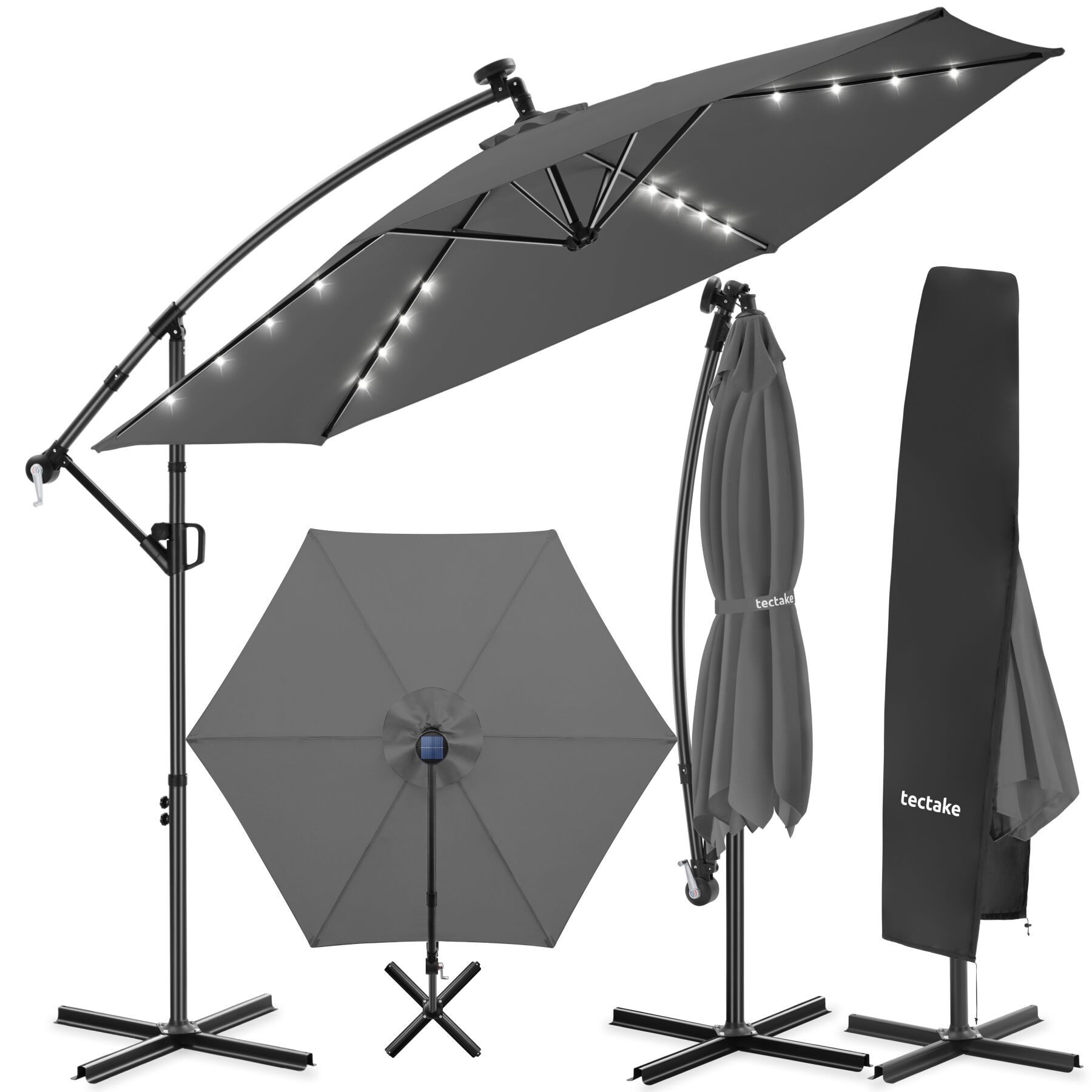 tectake Ampelschirm Sonnenschirm mit Doppeldach und LED Solar-Beleuchtung, 3 x 3 m, Balkonschirm Artemis, für Außen in Grau, 360° drehbar, wasserabweisend, neigbar, Kurbel, inkl. Schutzhülle