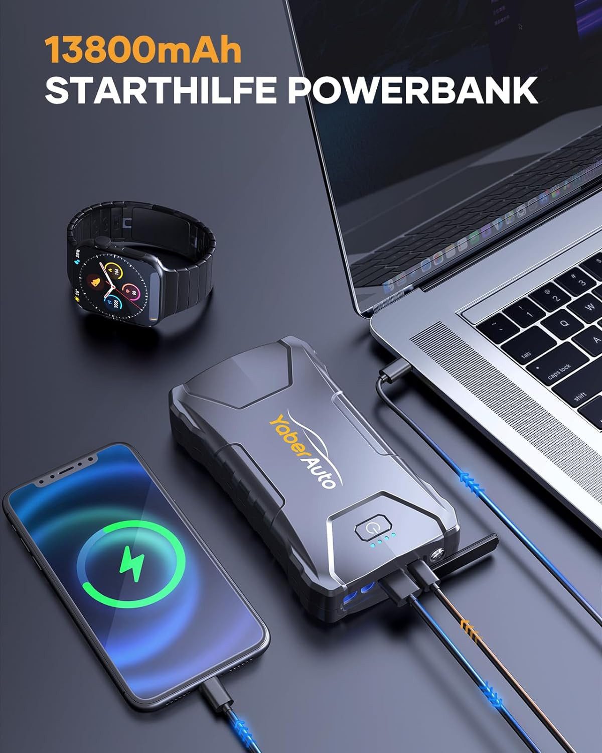 Yaber 13800mAh Starthilfe Powerbank fürs Auto 2000A Starthilfegerät 13800 mAh (12 V), 2000A, Kompakt & Leicht, 10 Schutzmaßnahmen, Notfall-LED-Licht