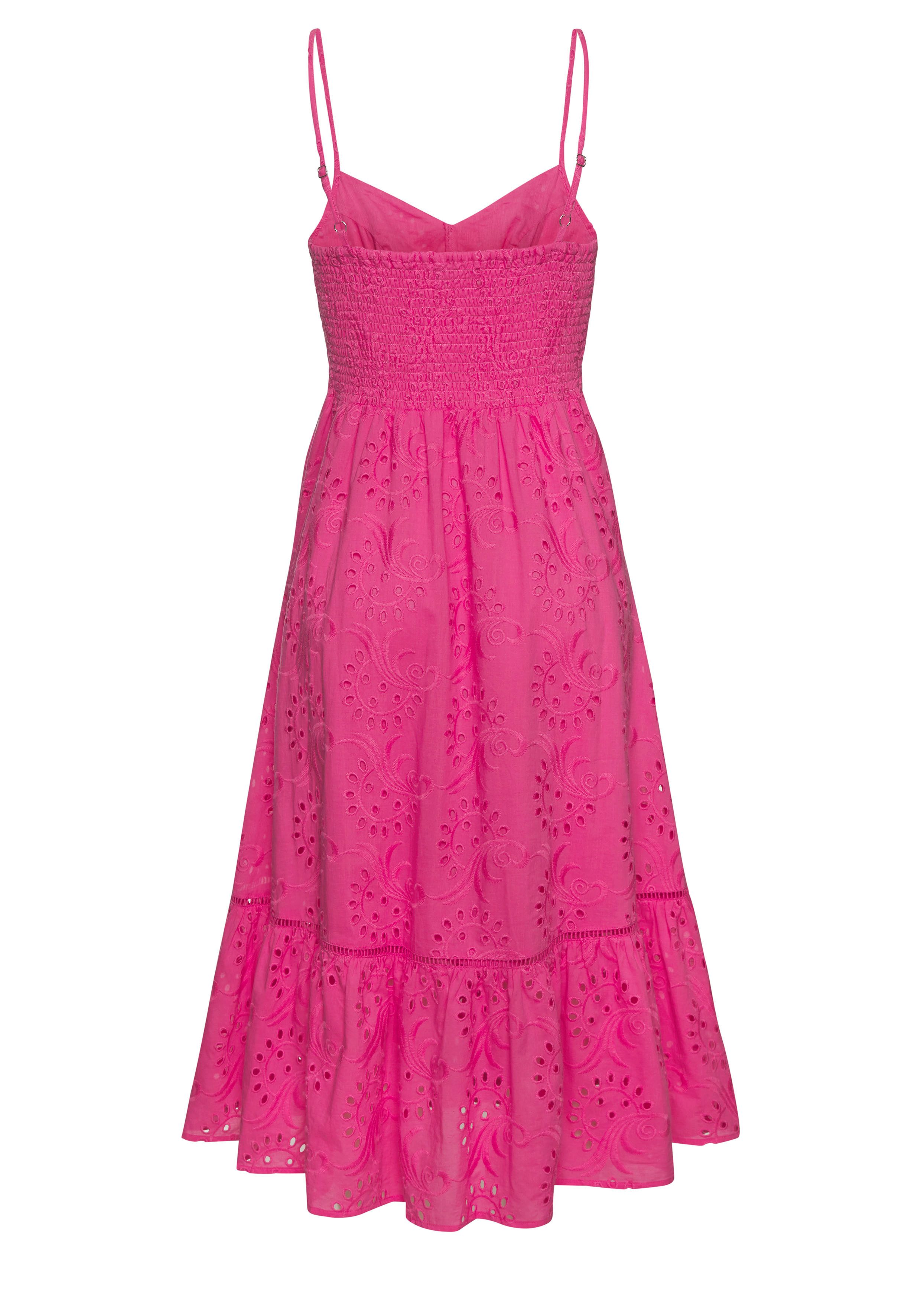 Buffalo Midikleid mit hochwertiger Lochstickerei, luftiges Sommerkleid aus Baumwolle