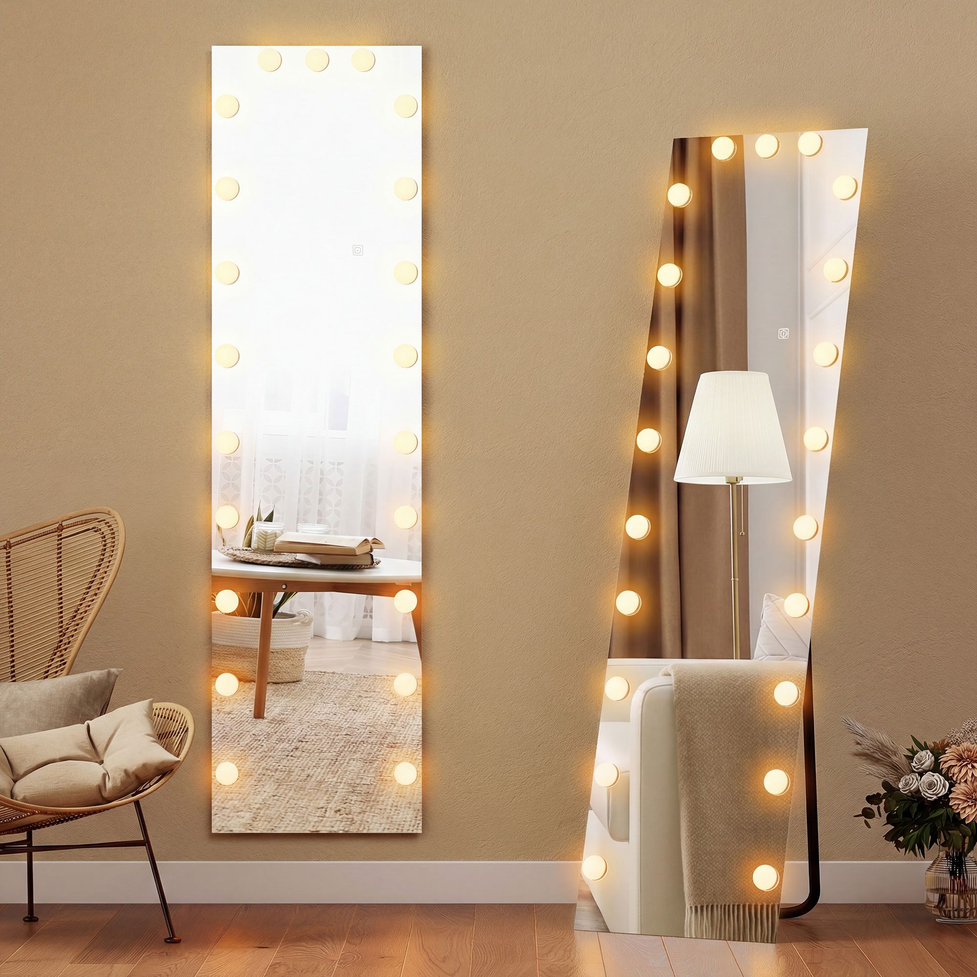 HOMCOM Standspiegel Ganzkörperspiegel RGB-LED mit 21 Glühbirnen anlehnbar Spiegel (Stehspiegel, 1-St., Wandspiegel), für Wohnzimmer, Schlafzimmer, Transparent