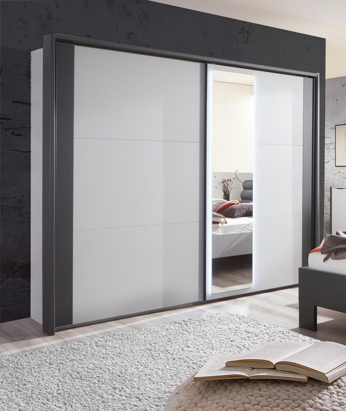 (Naples) 300cm graphit grey Schwebetürenschrank mit light Wimex Naples / Spiegel 2-türig