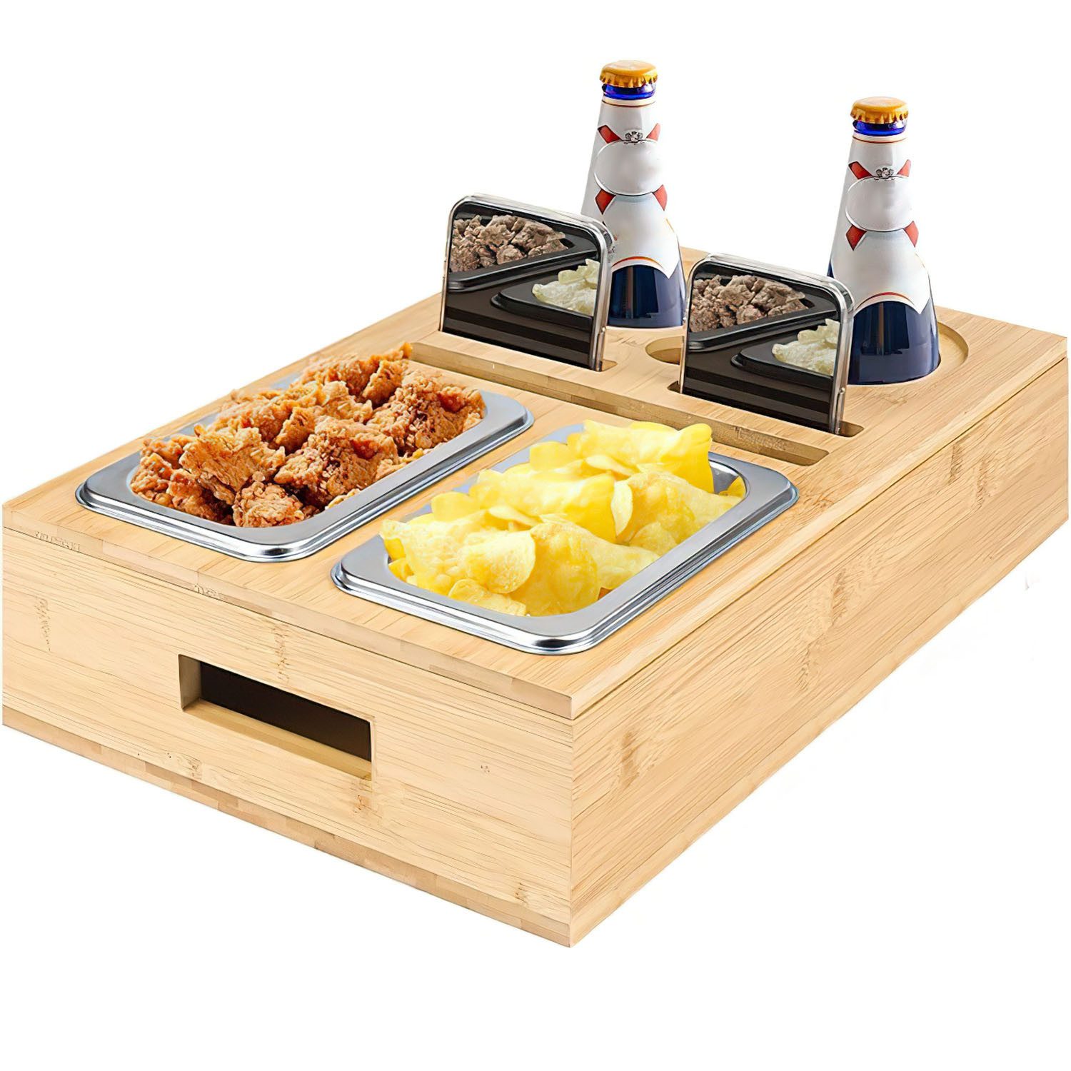 SURFOU Schüssel Snackbox mit Snackschalen aus Edelstahl und Zwei Untersetzern, (Tablett Holz Sofatablett Organizer Flaschenhalter mit Abnehmbarem), für Sofa Deko Couch Bar mit Getränkehalter Snackbox mit Fächern