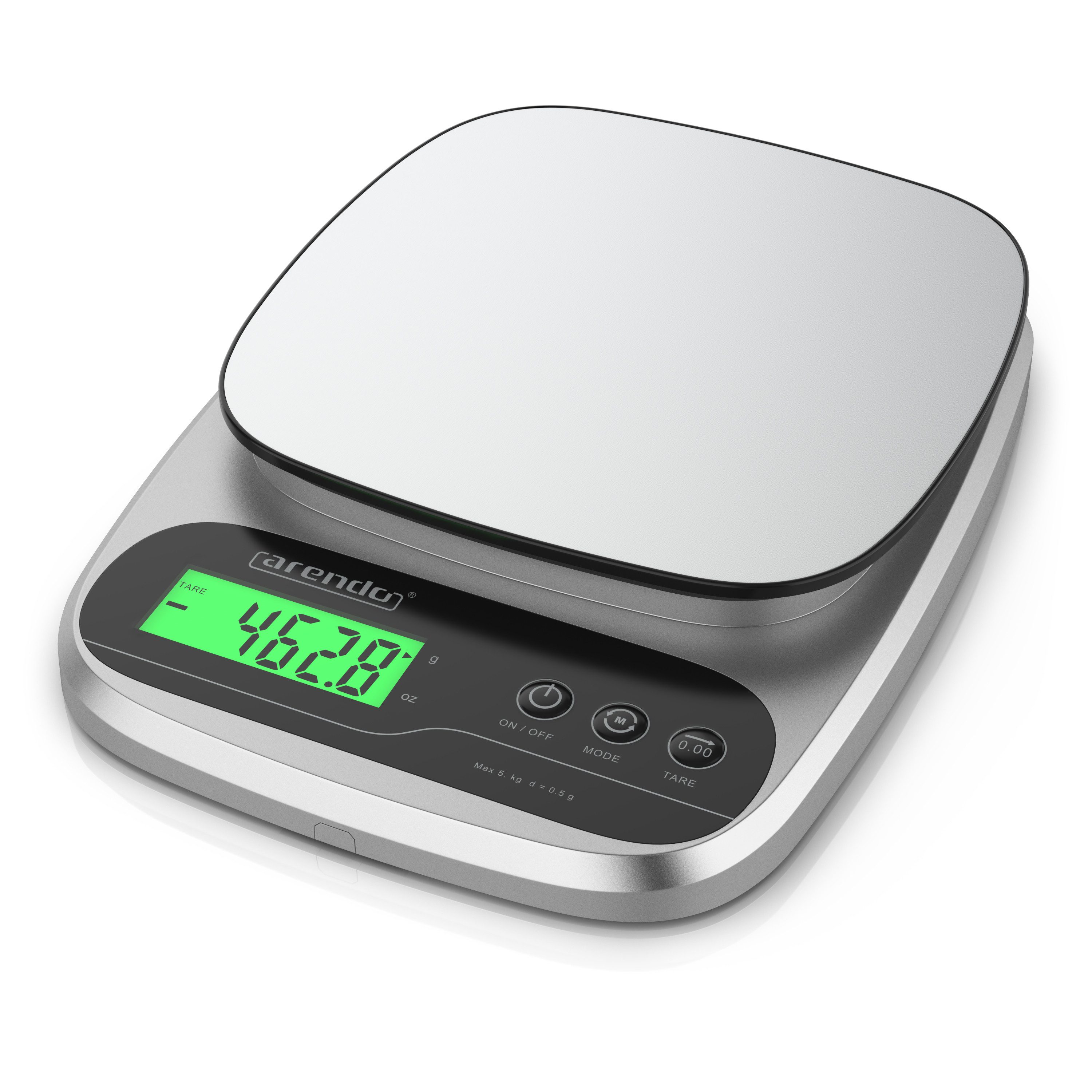 Arendo Küchenwaage Digital, Hold, Edelstahl, bis 5000 g, 1g Auflösung, Digitalwaage, Tara, (1-tlg), Überlastanzeige, automatische Abschaltung, Antirutschfüße, GS, präzise