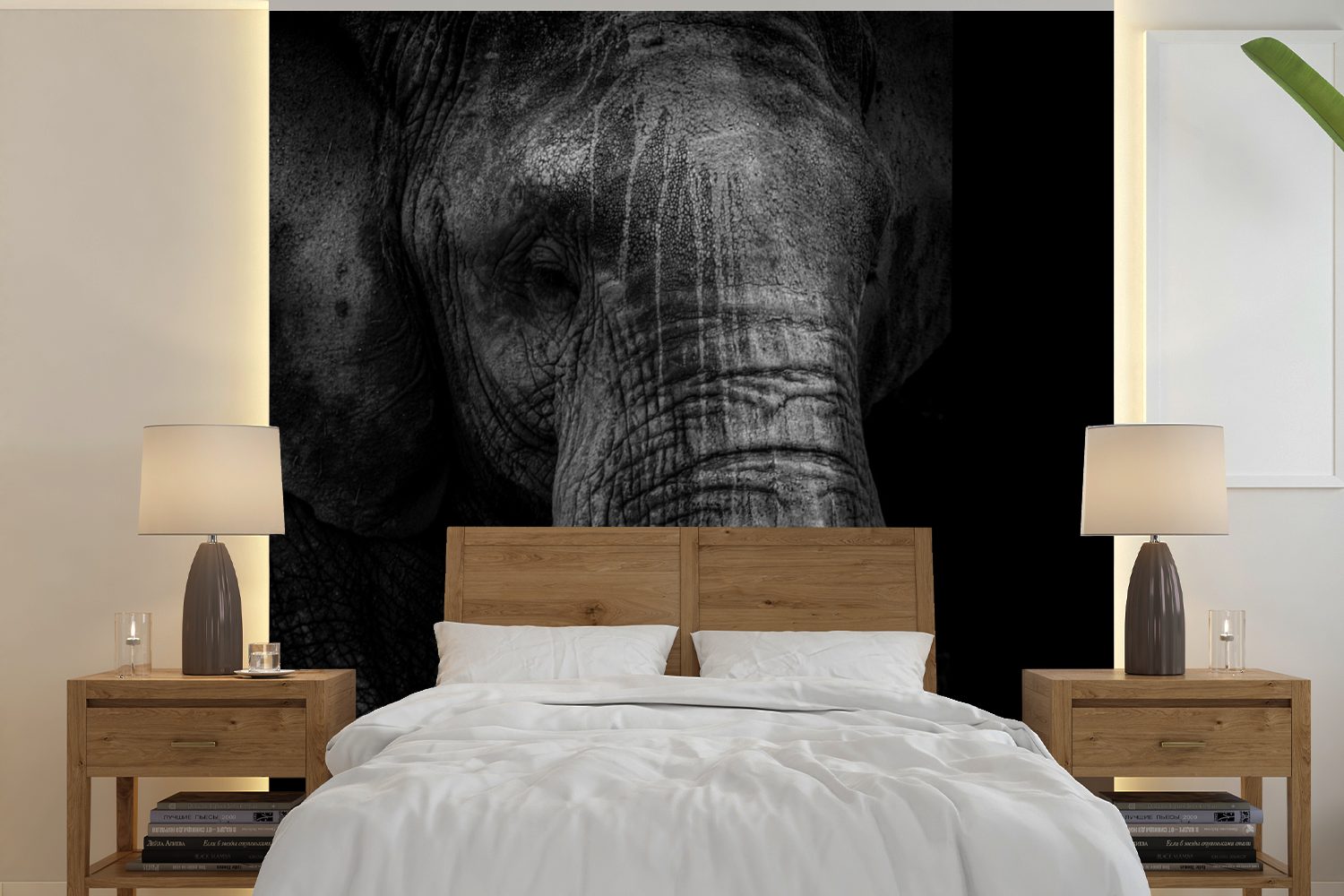 MuchoWow Fototapete Elefant - Tier - Schwarz, Matt, bedruckt, (5 St), Vinyl Tapete für Wohnzimmer oder Schlafzimmer, Wandtapete