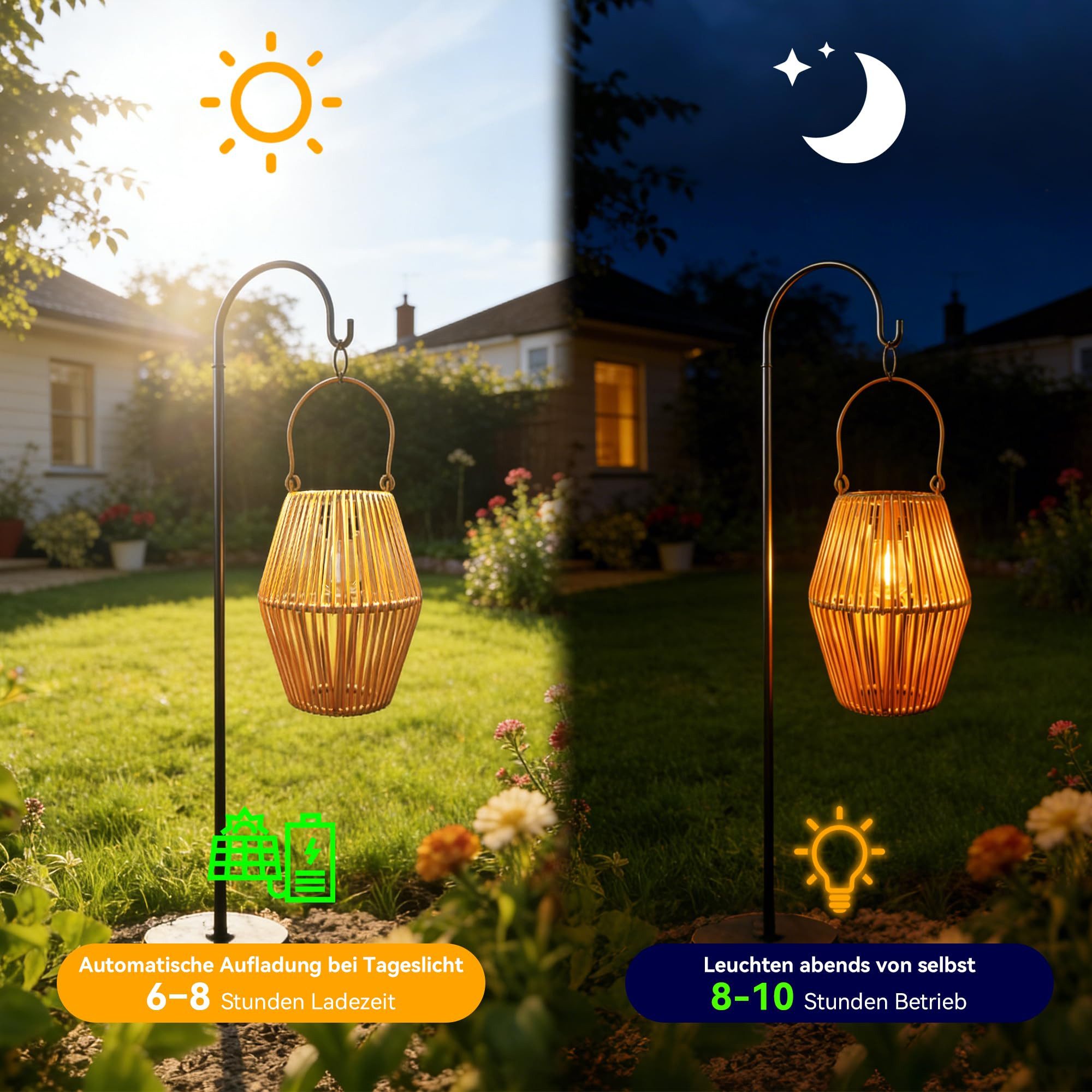 AIBISTAR LED Laterne Solarlampen Rattan Boho Stil,hängend oder stehend,IP44 wetterfest, Leuchtdauer 8-10h, geeignet für Garten, Balkon, Terrasse & Eingang – Bild 5 von 5