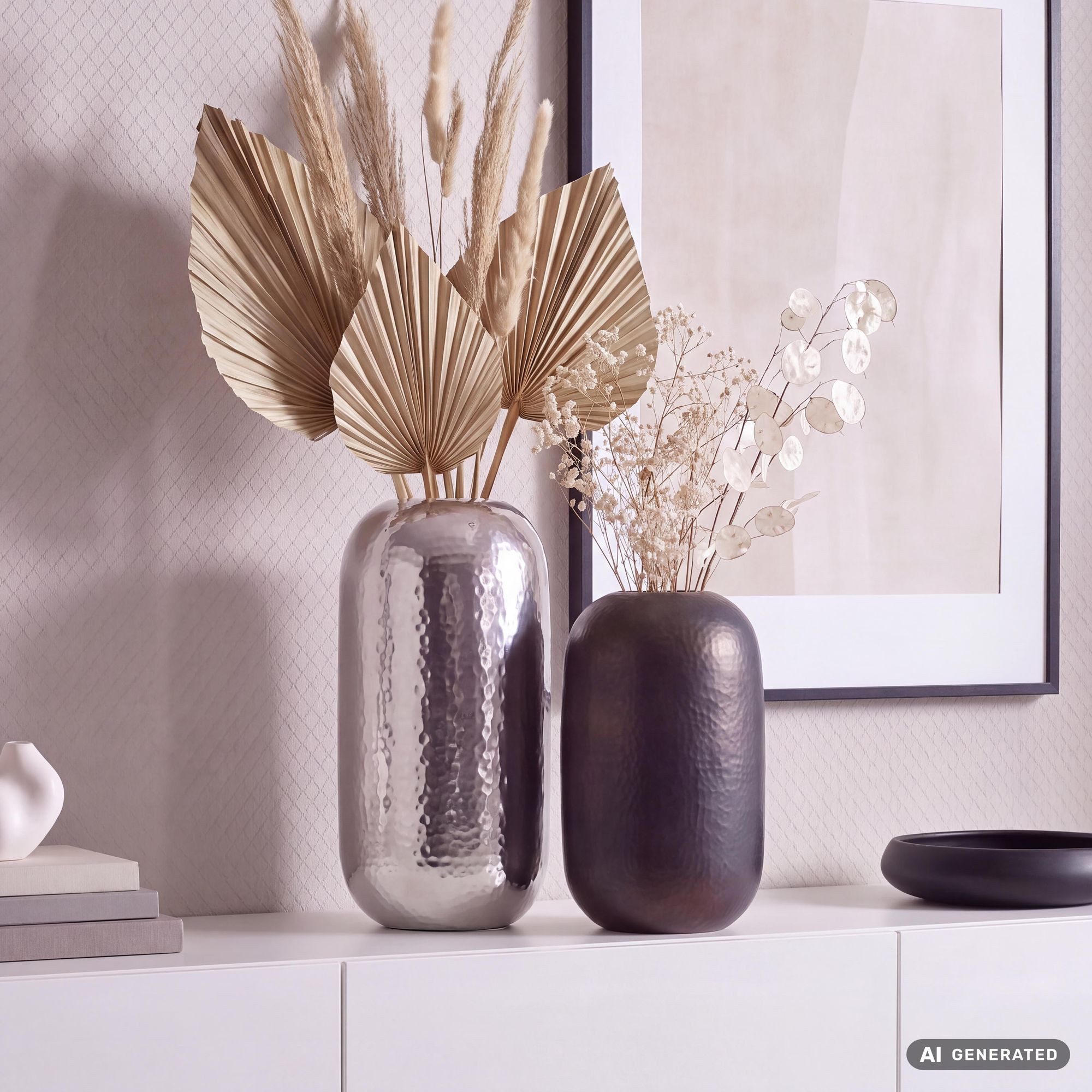 FINEBUY Tischvase FB108716 Vase 2er Set Blumenvase Aluminium Hammerschlag Modern Rund (Dekovase Rund 2-teilig für Blumen Alu Tischvase), 2er Set Aluminium Silber Schwarz-Bronze Blumenvase