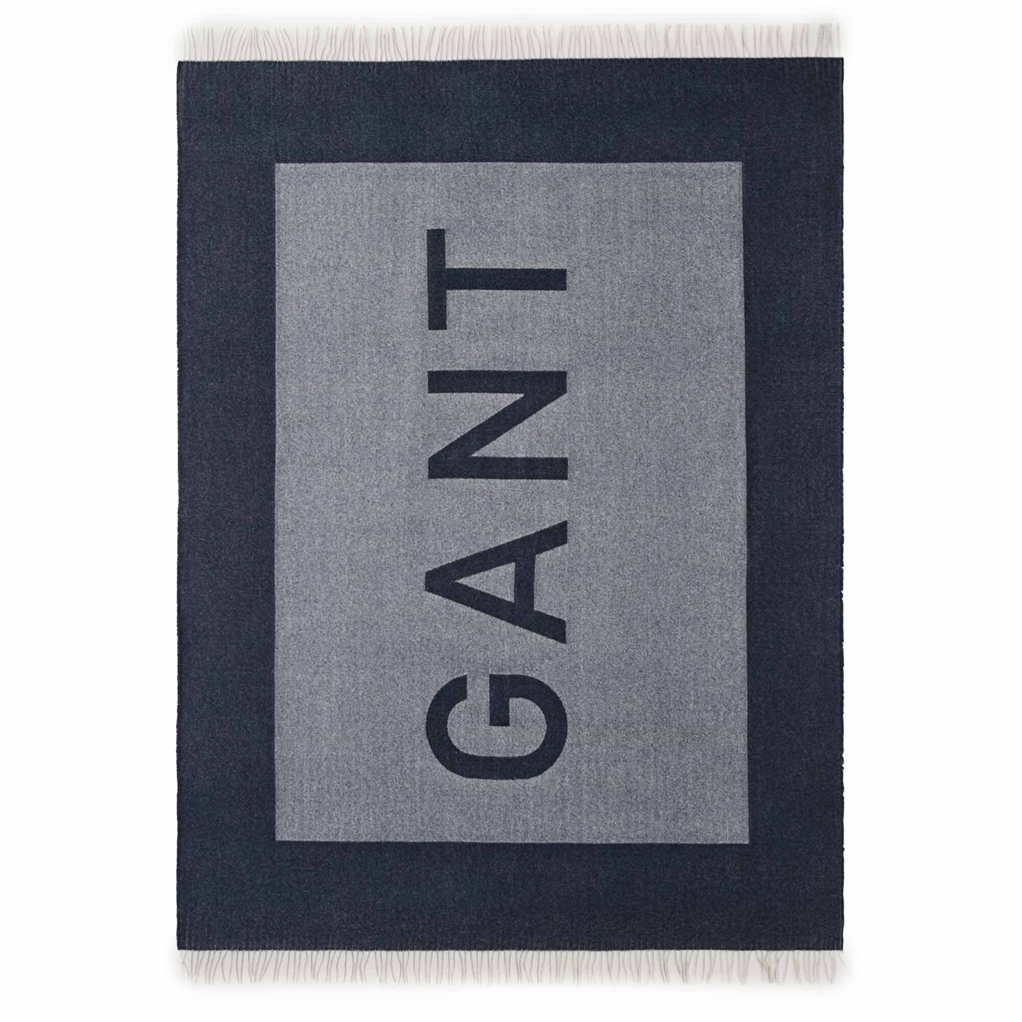 Wohndecke Blau - LOGO THROW, Jacquard-Logo, Fransen, Gant Plaid