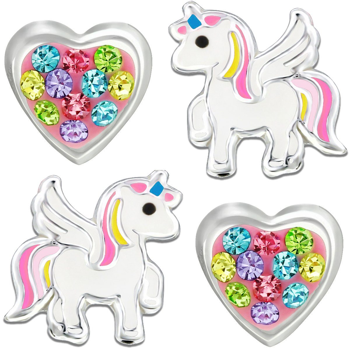 Ohrringe Ohrstecker-Set echt Silber Ohrstecker Limana bunt Kristalle Pferde Einhorn Sterling Zirkonia 925 Herz,