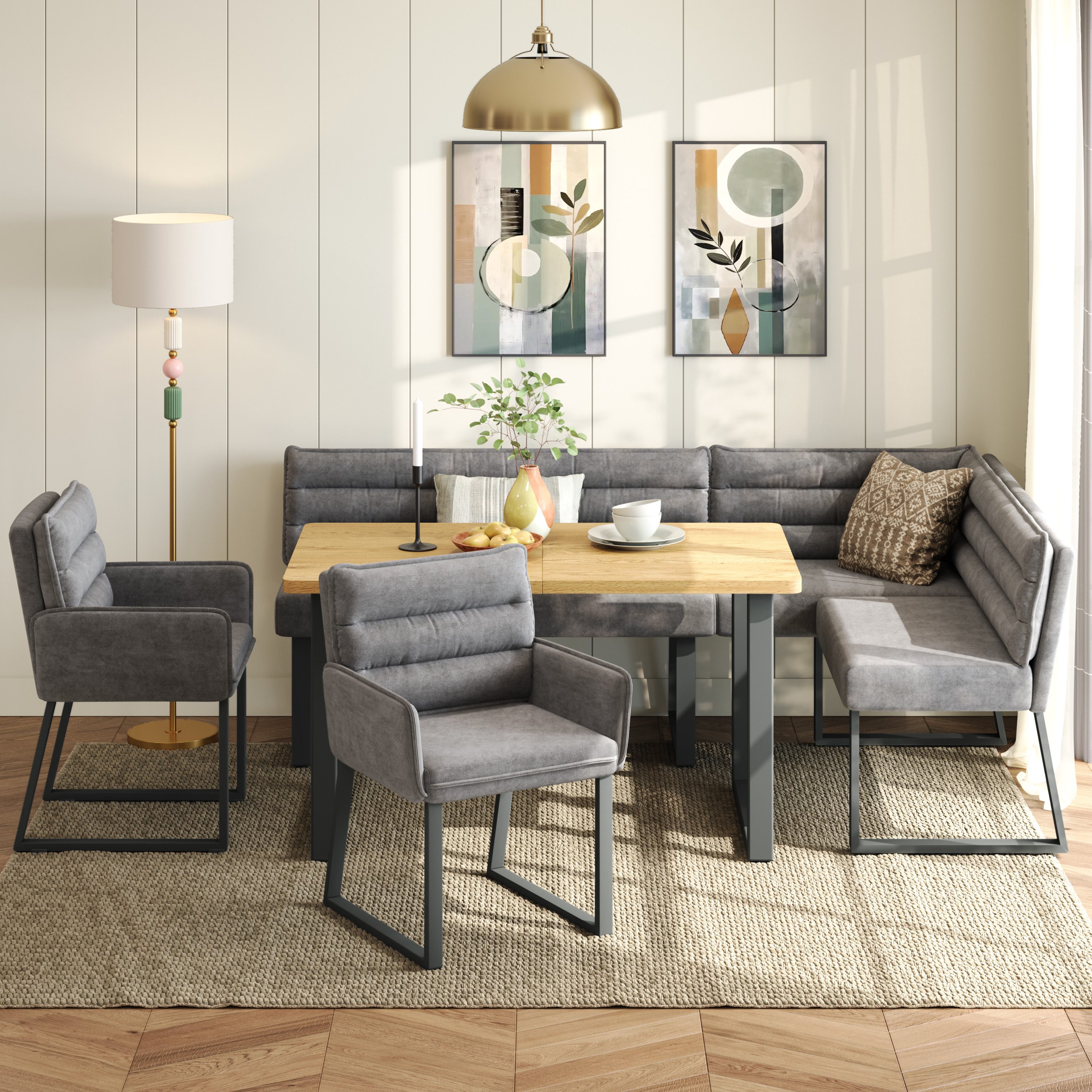 Flieks Essgruppe Sitzgruppe Esszimmerset für 5-6 Personen, (Set, 4-tlg., Sitzbezug aus Chenillestoff, rechteckige Tischplatte in Holzoptik), 1 Ecksofa/Eckbank & 2er Esszimmerstühle & 1 Esstisch, grau & natur