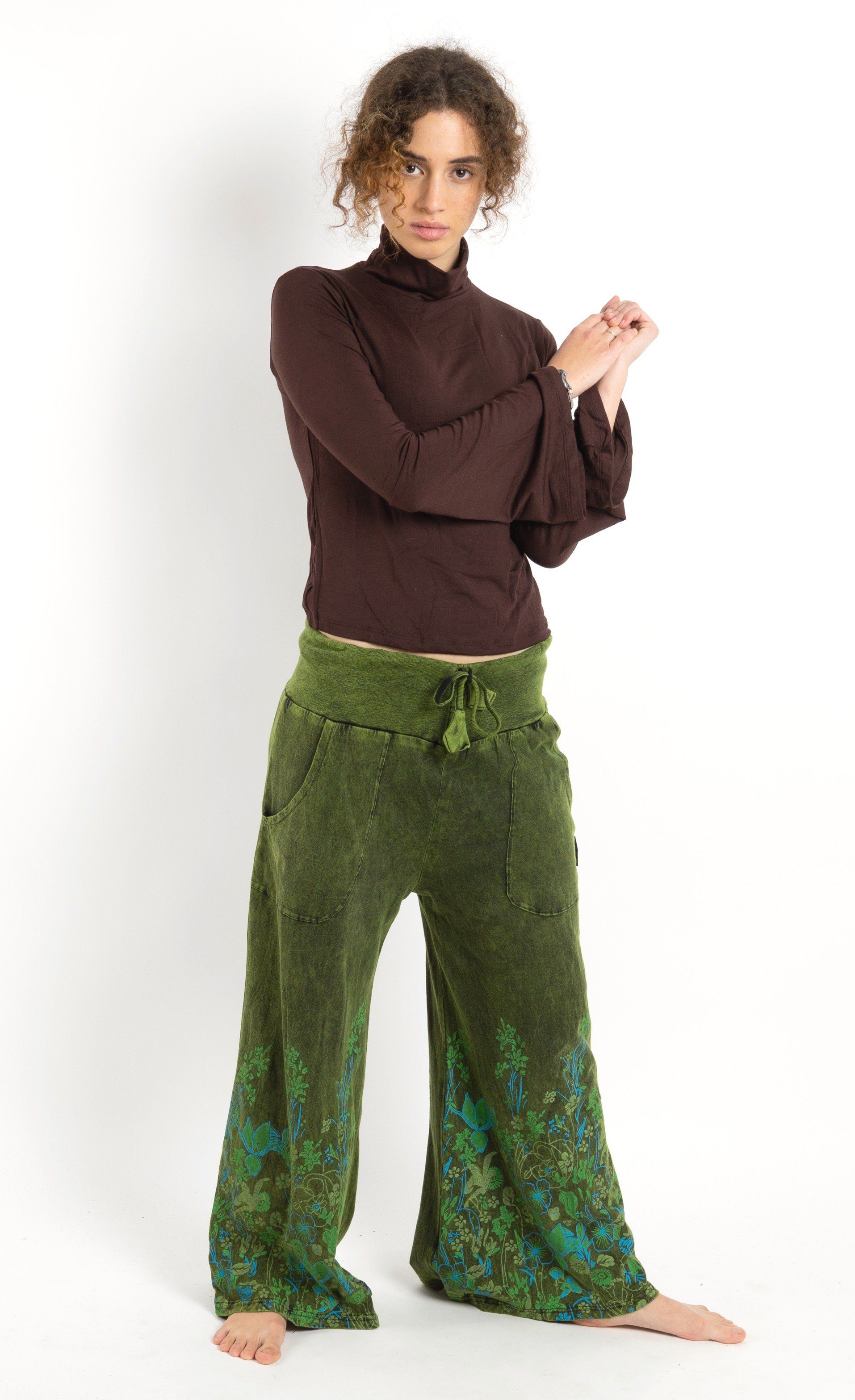 Guru-Shop Relaxhose Palazzohose, grün Baumwollhose, mit.. Bekleidung Boho Hippiehose alternative