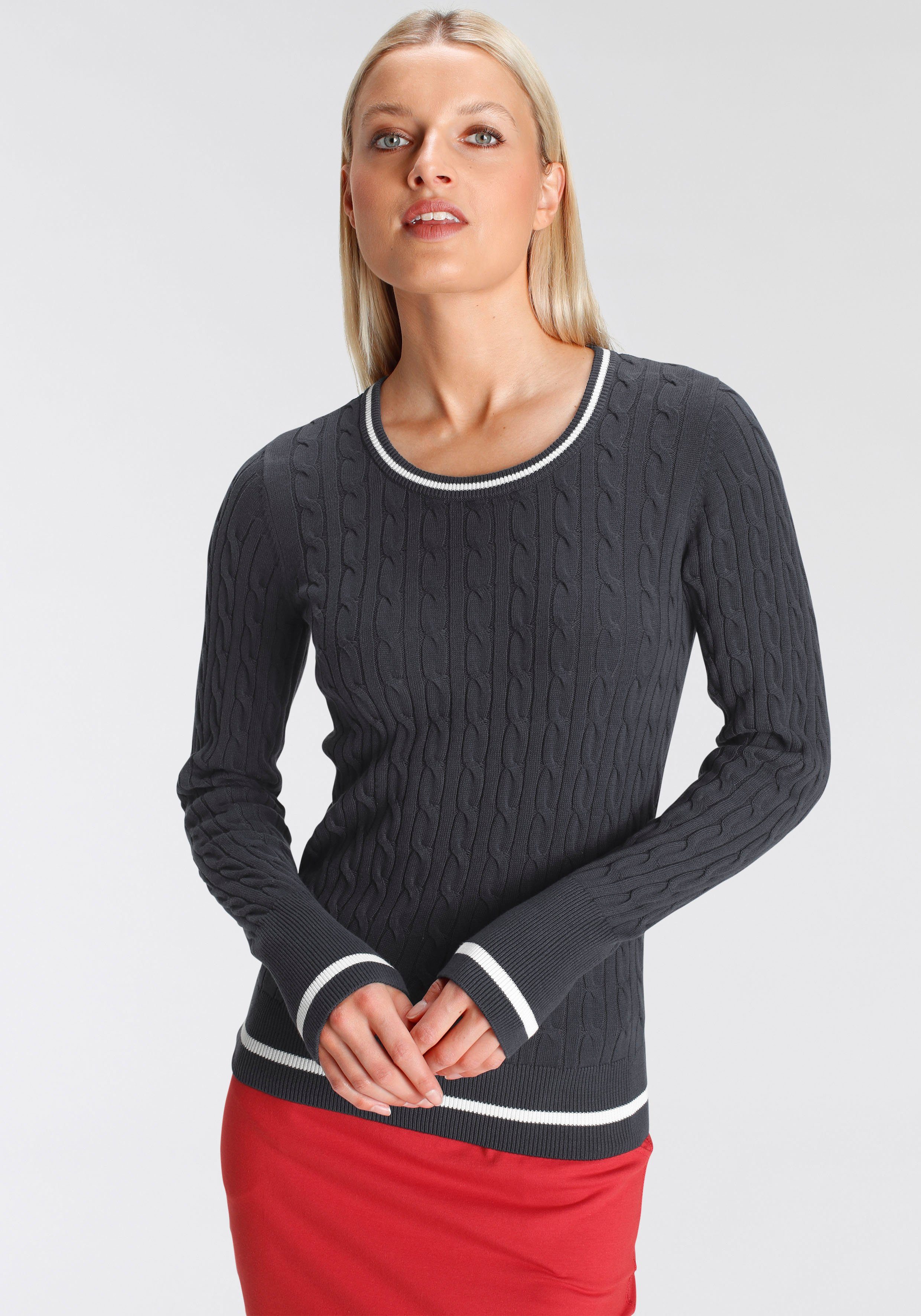 durchendem - Zopfmuster und MARKE! DELMAO Strickpullover mit marine Kontaststreifen NEUE