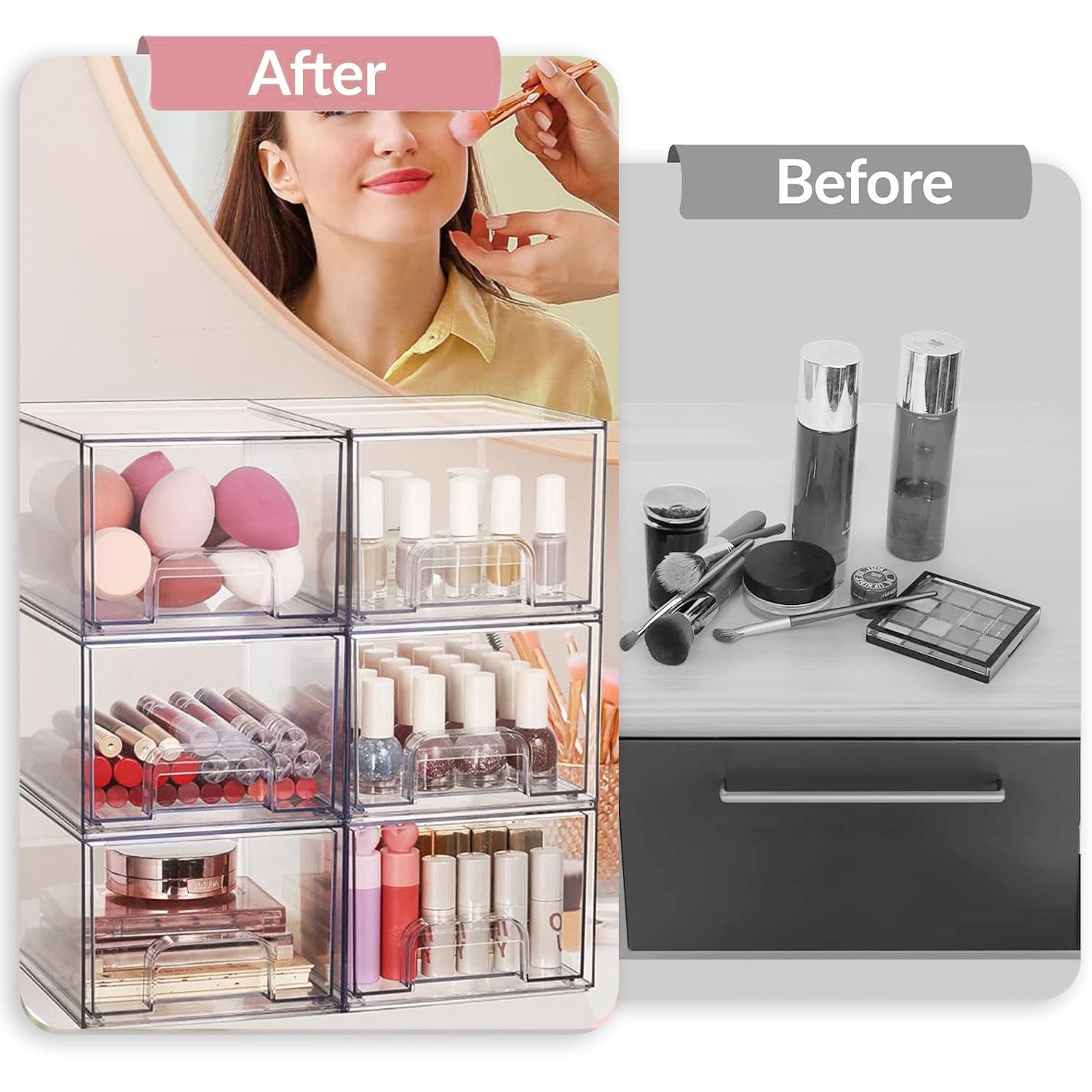 Refined Living Make-Up Organizer 4 tlg Acrylic Organiser with Non-slip Mat, Stapelbarer Badorganizer, Aufbewahrung Schubladen Organizer, Schreibtisch Organizer mit Griffen, 4-tlg., Küchen Organizer, Schminktisch Organizer parfüm skincare organizer, für Schminktisch, Untertisch, Küchenschränke, Speisekammer, Badezimmer