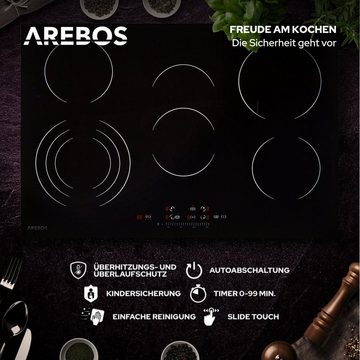 Arebos Elektro-Kochfeld 8700W - 5 Kochzonen - 77cm - autark, Sensor-Touch, Autoabschaltung, Kindersicherung/Tastensperre