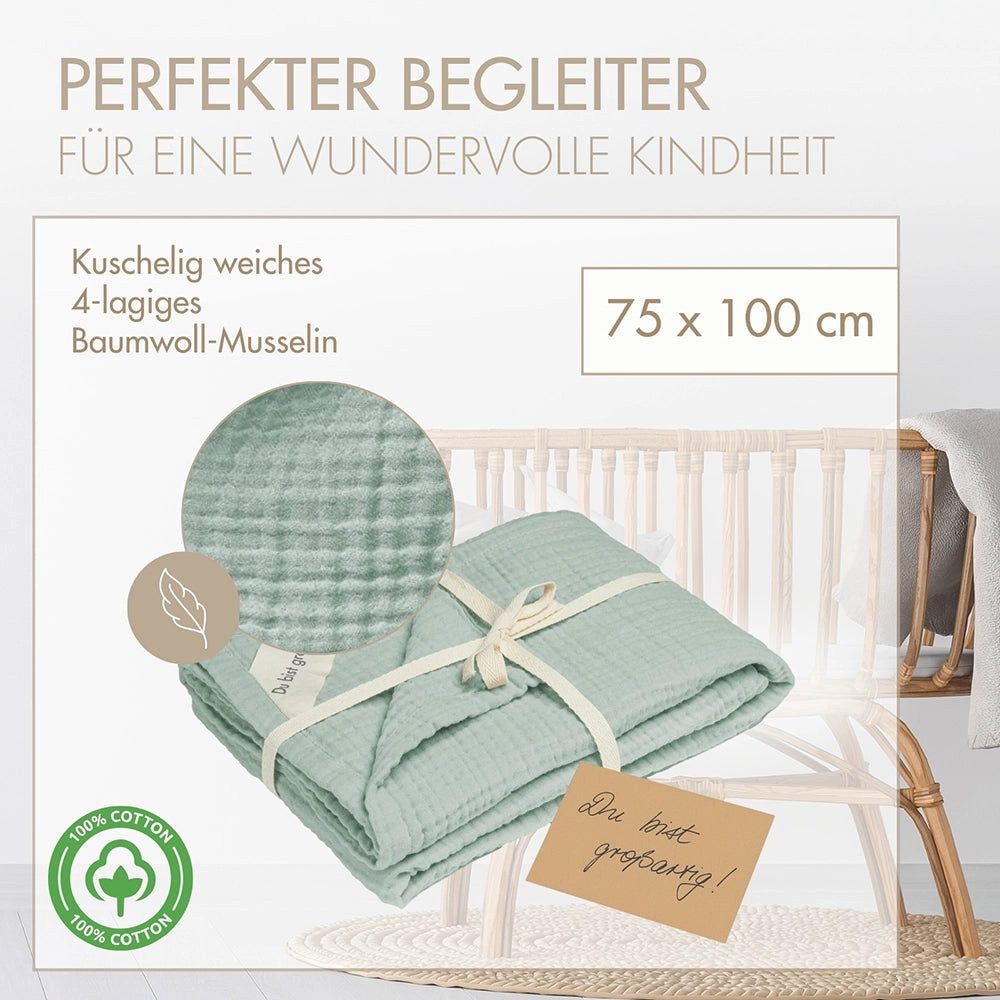 Babydecke Musselin Decke 100 cm x 75 cm Heller Eukalyptus, Moyo, 4-lagiges Musselin, 100% plastikfrei, 100cm x 75cm