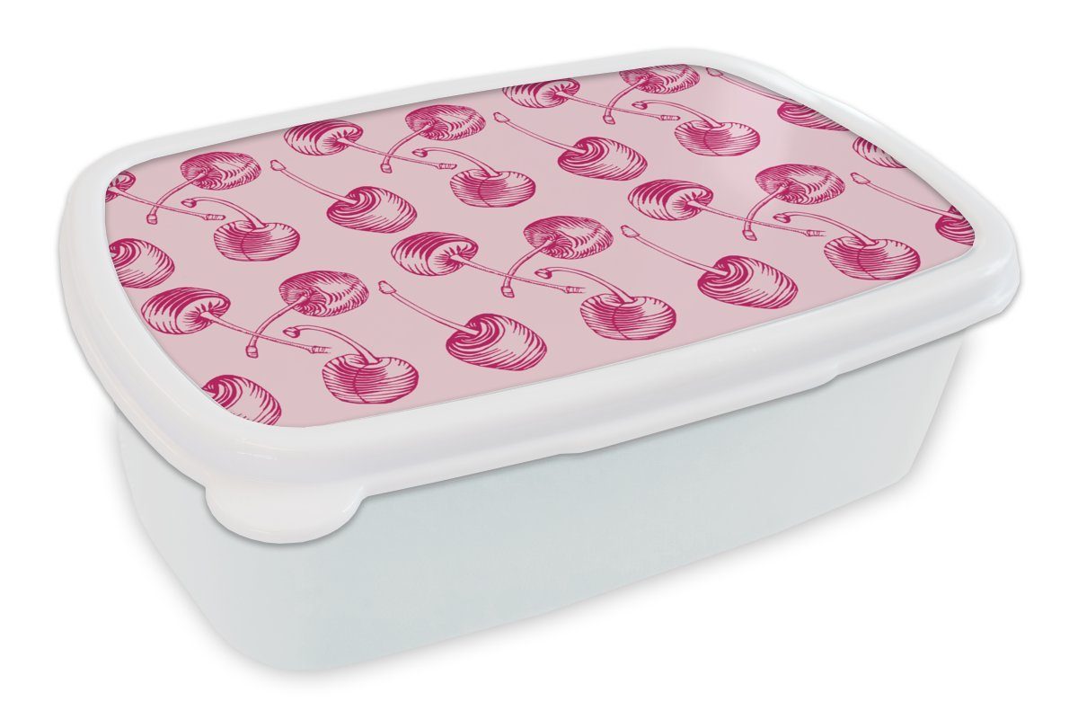 MuchoWow Lunchbox Vintage - Kirschen - Muster - Rosa, Kunststoff, (2-tlg), Brotbox für Kinder und Erwachsene, Brotdose, für Jungs und Mädchen weiß