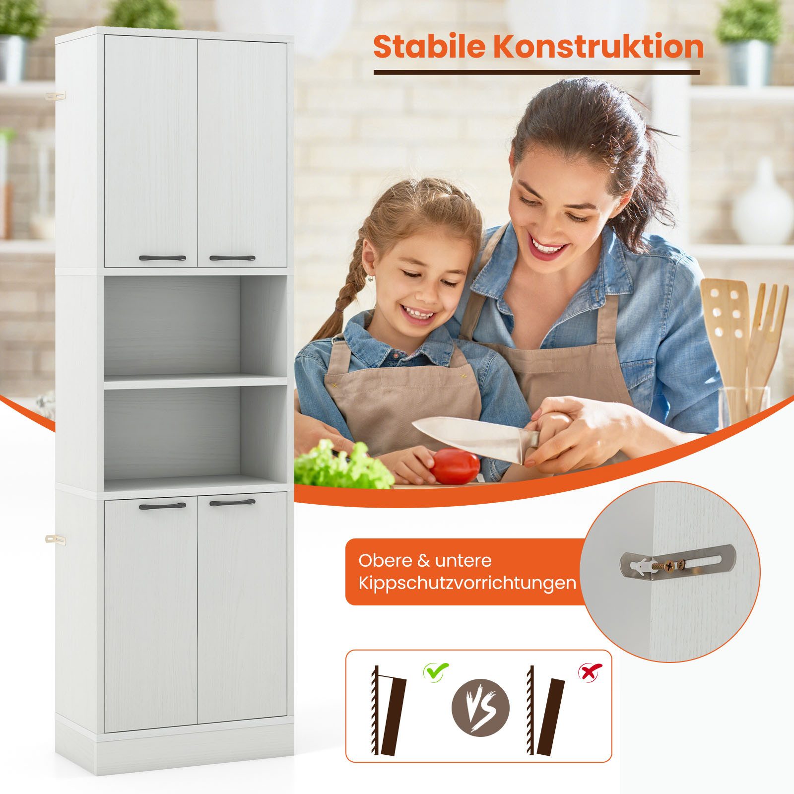 COSTWAY Küchenbuffet Hochschrank mit Türen, Regalen 56x30x190 cm – Bild 5 von 5