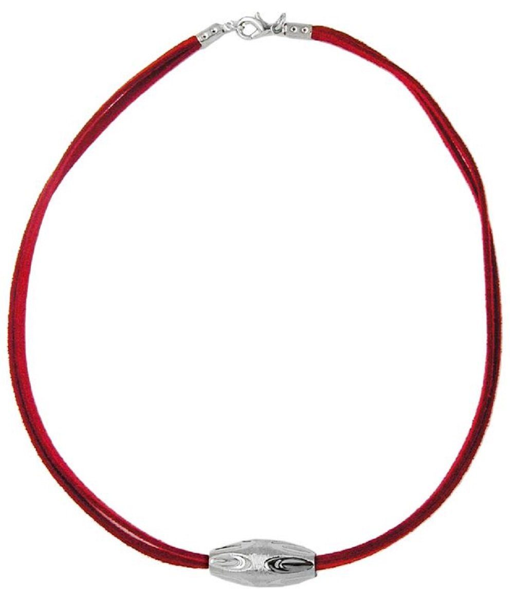 unbespielt Collier Kette Kunststoffperle Rillenolive chrom-glänzend Velourband rot 42 cm, Modeschmuck für Damen