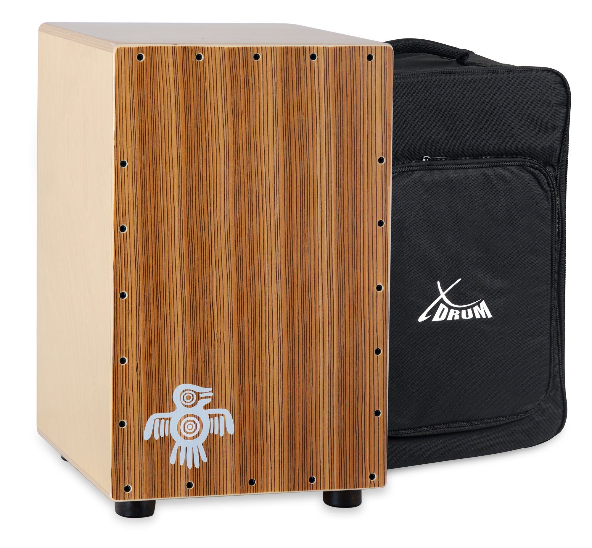 XDrum Cajon Peruana Zebrano mit Snare-Sound und Rucksack-Tasche, 2-St., inkl. Rucksack-Tasche, 3 mm Schlagplatte - 9 mm Birkenkorpus - 48 cm hoch