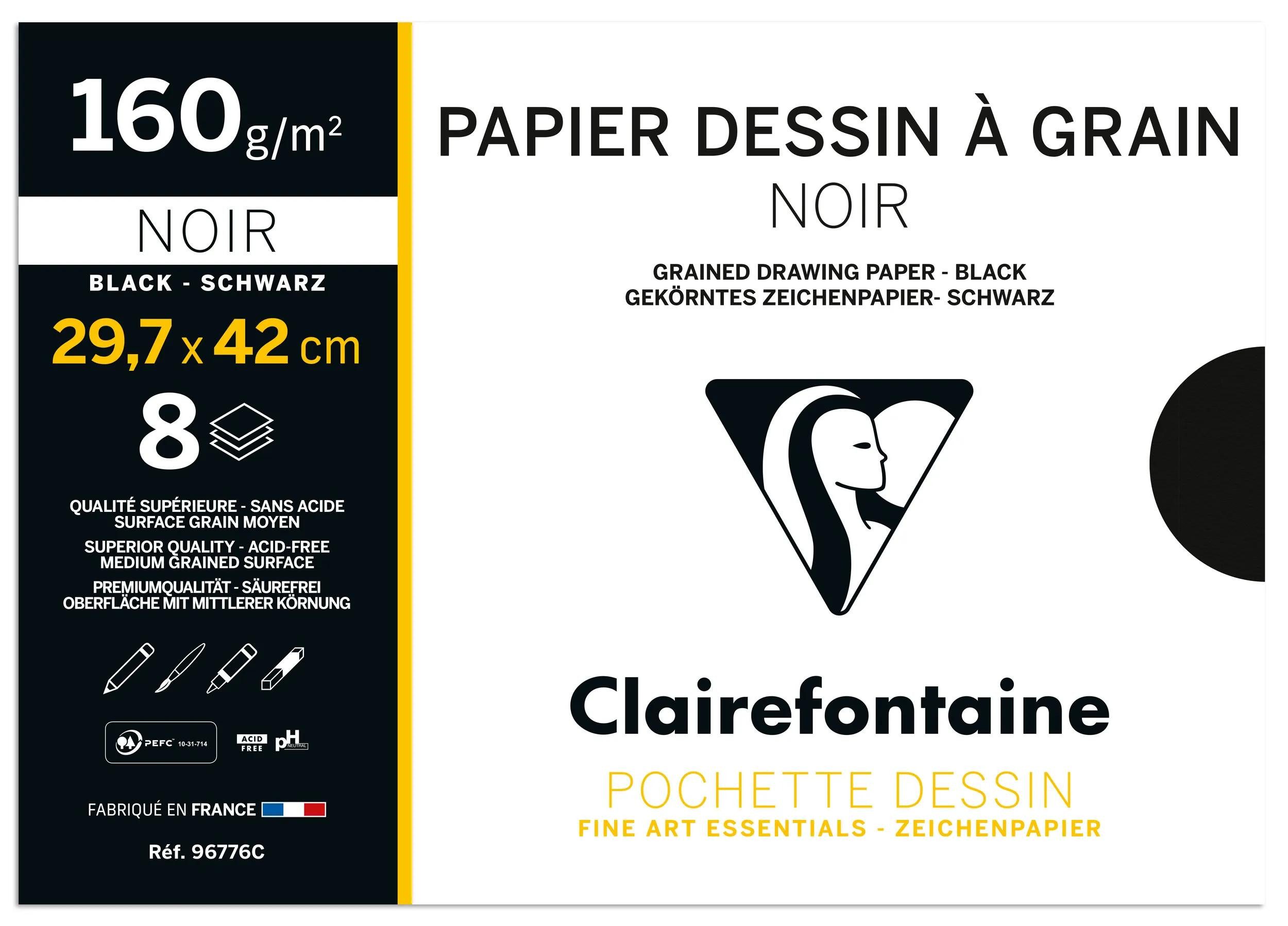 CLAIREFONTAINE Zeichenpapier 10x Zeichenpapier A3 160g Pack. 8 schwarzen Bogen Schwarz 96776C, Papiermappen Blöcke Clairefontaine