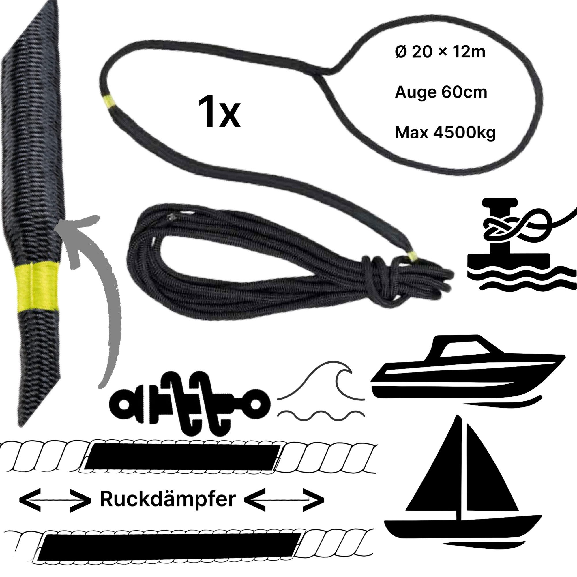 Osculati Motorboot Boot Festmacherleine mit Ruck Dämpfer anlege Mooring Seil Schwarz