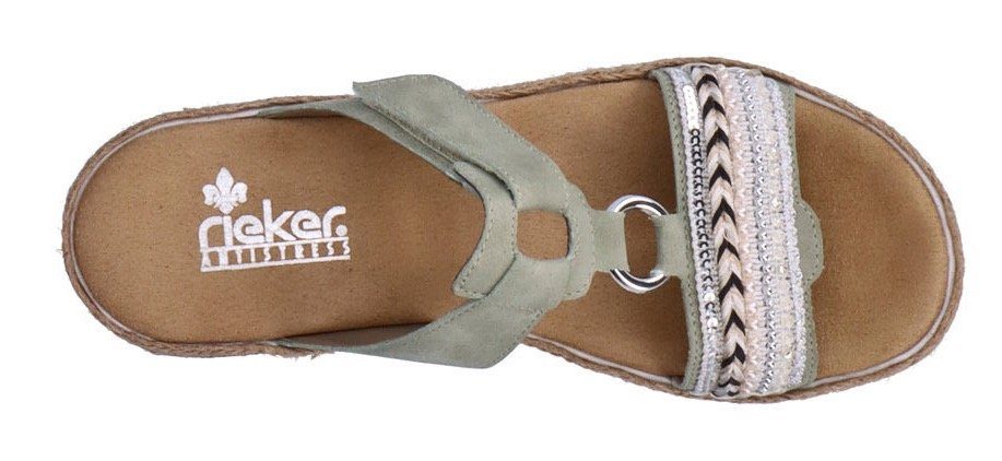 Rieker Pantolette, Keilabsatz, Sommerschuh, Schlappen mit Zierperlen besetzt