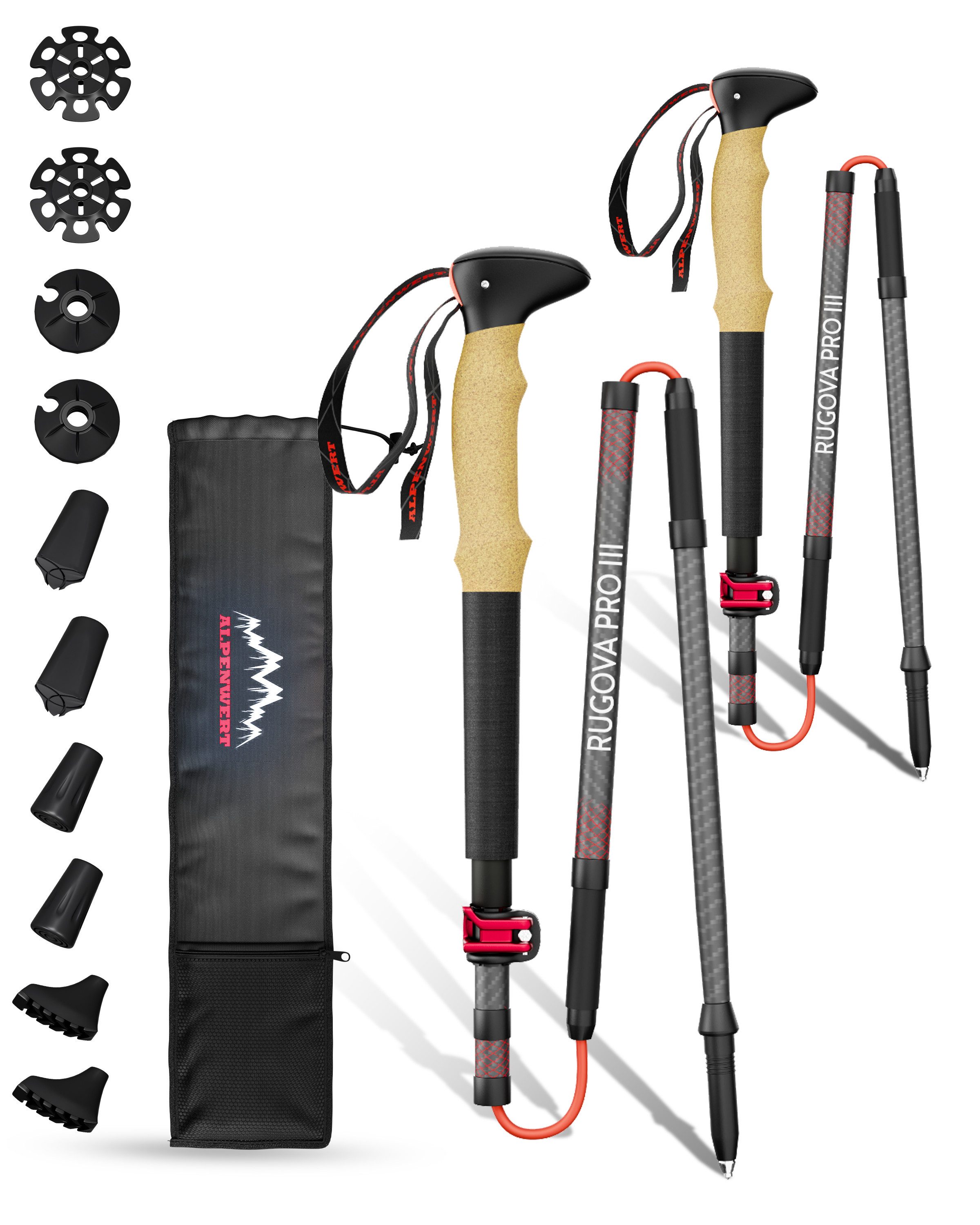 Alpenwert Wanderstöcke faltbar Nordic Walking Stöcke Damen Herren Trekkingstöcke Trekking (NEUHEIT, 12 Teiliges Set), Wanderstöcke Faltbar