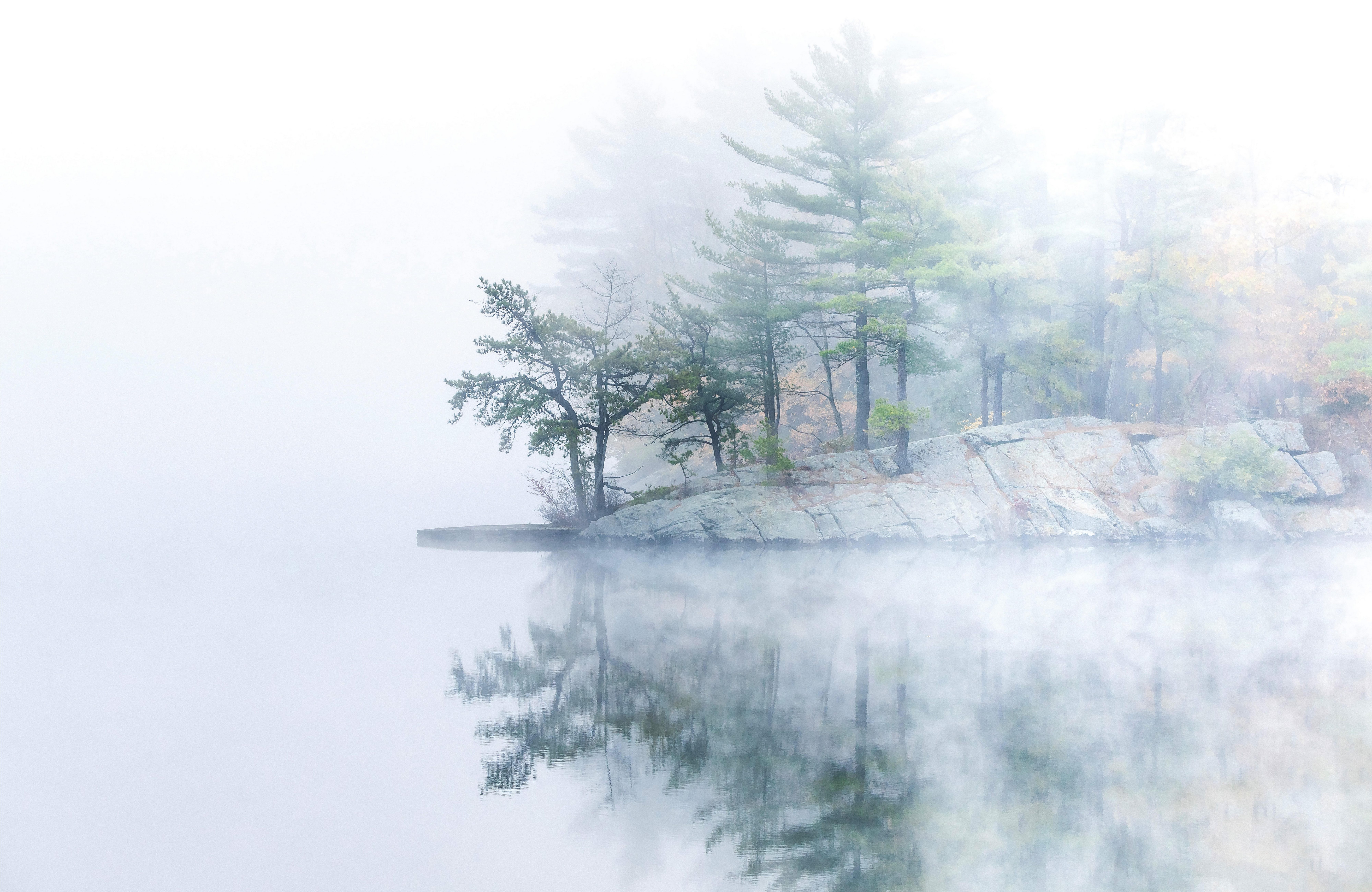 Papermoon Fototapete VLIES-Tapete Premium See Wald Natur Bäume Stein Holz Nebel, Kleister KOSTENLOS, reduziert, 3D-Effekt, restlos trocken abziehbar, (komplett Set inkl. Обоиkleister, 8352), Wandtapete Bild Dekoration Wand-Dekor Motiv Tapete Poster