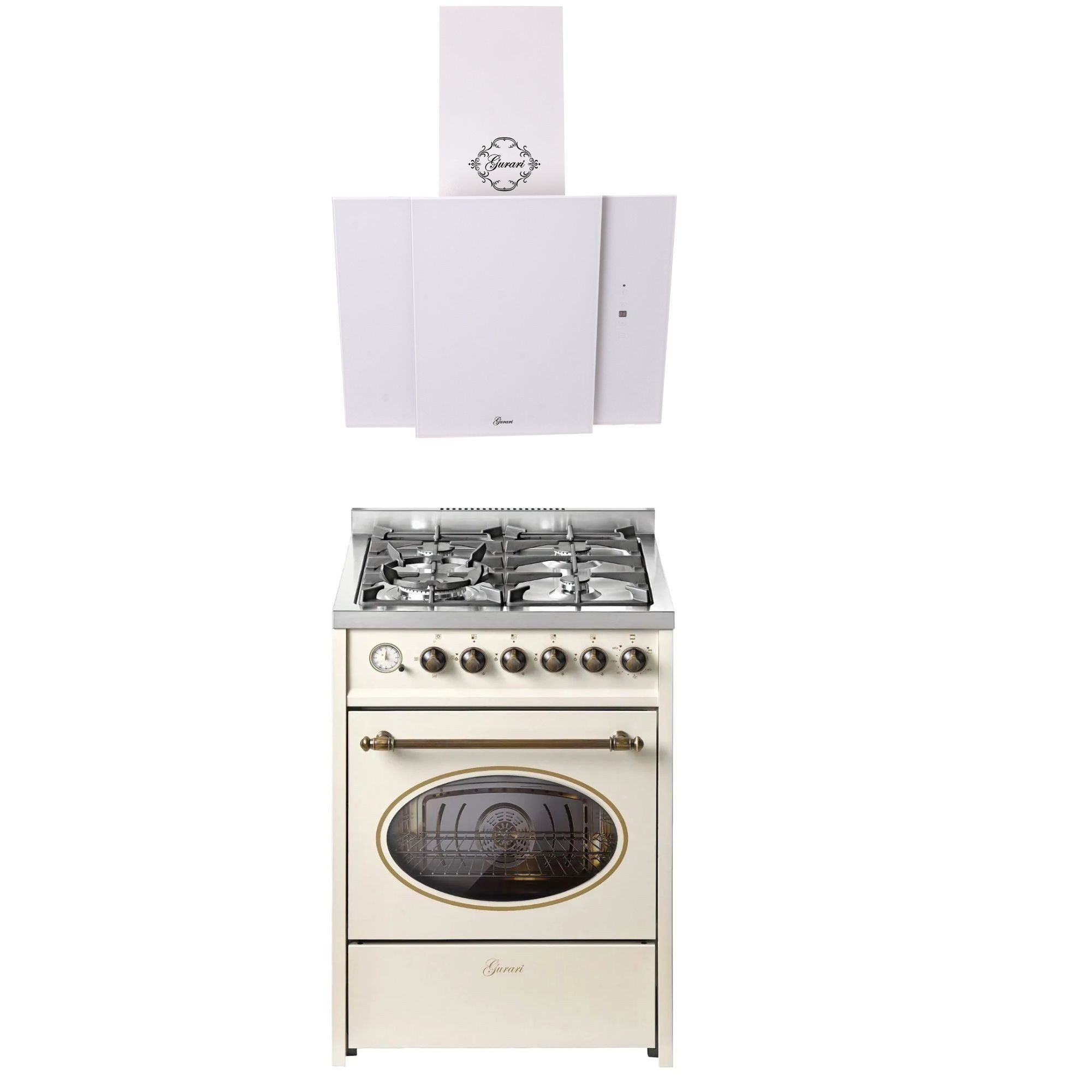 GURARI Gas-Standherd Retro Gas Elektro Standherd 60 cm Erdgas Fl.Gas 4 Kw WOK, 8 Funktionen+ Dunstabzugshaube 60 cm E 614 Cr r+GCH S 171 60 WH PRIME N, mit 1-fach-Teleskopauszug