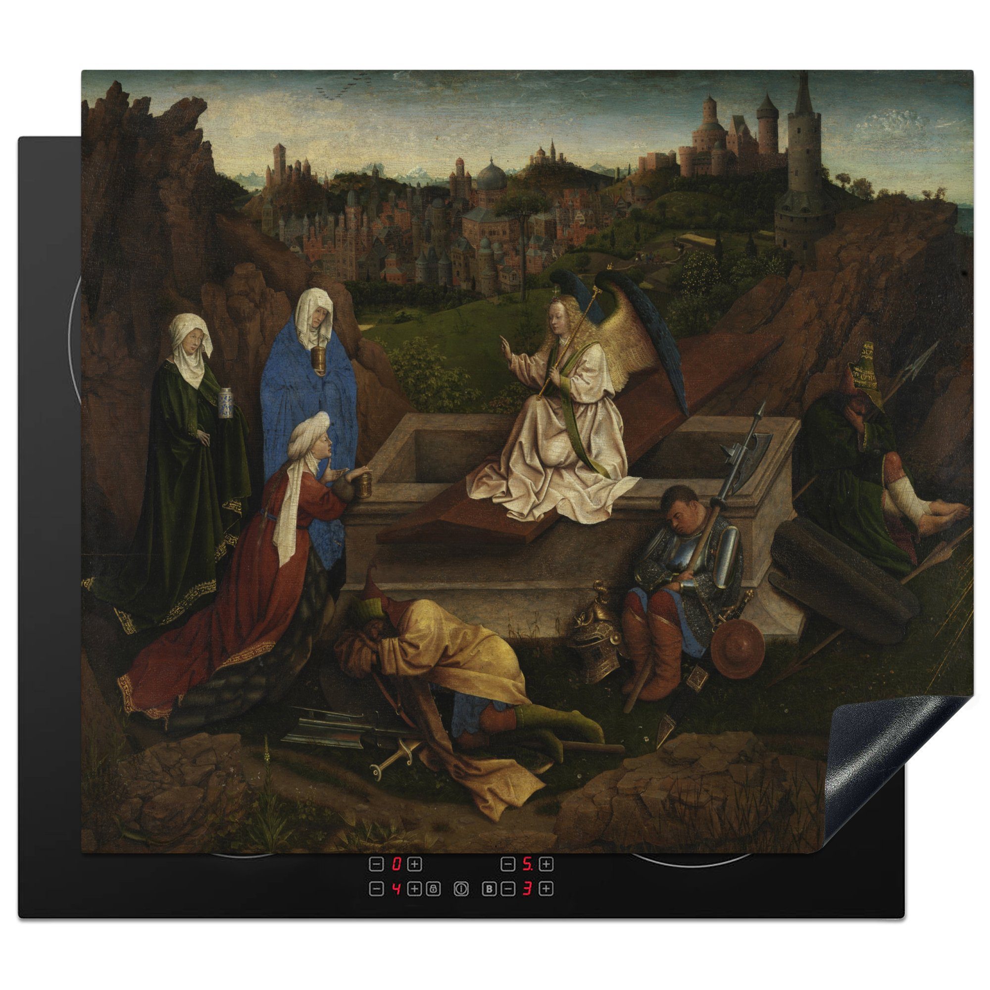 MuchoWow Herdblende-/Abdeckplatte Die drei Marias am Grabmal - Gemälde von Jan van Eyck, Vinyl, (1 tlg), 60x52 cm, Mobile Arbeitsfläche nutzbar, Ceranfeldabdeckung
