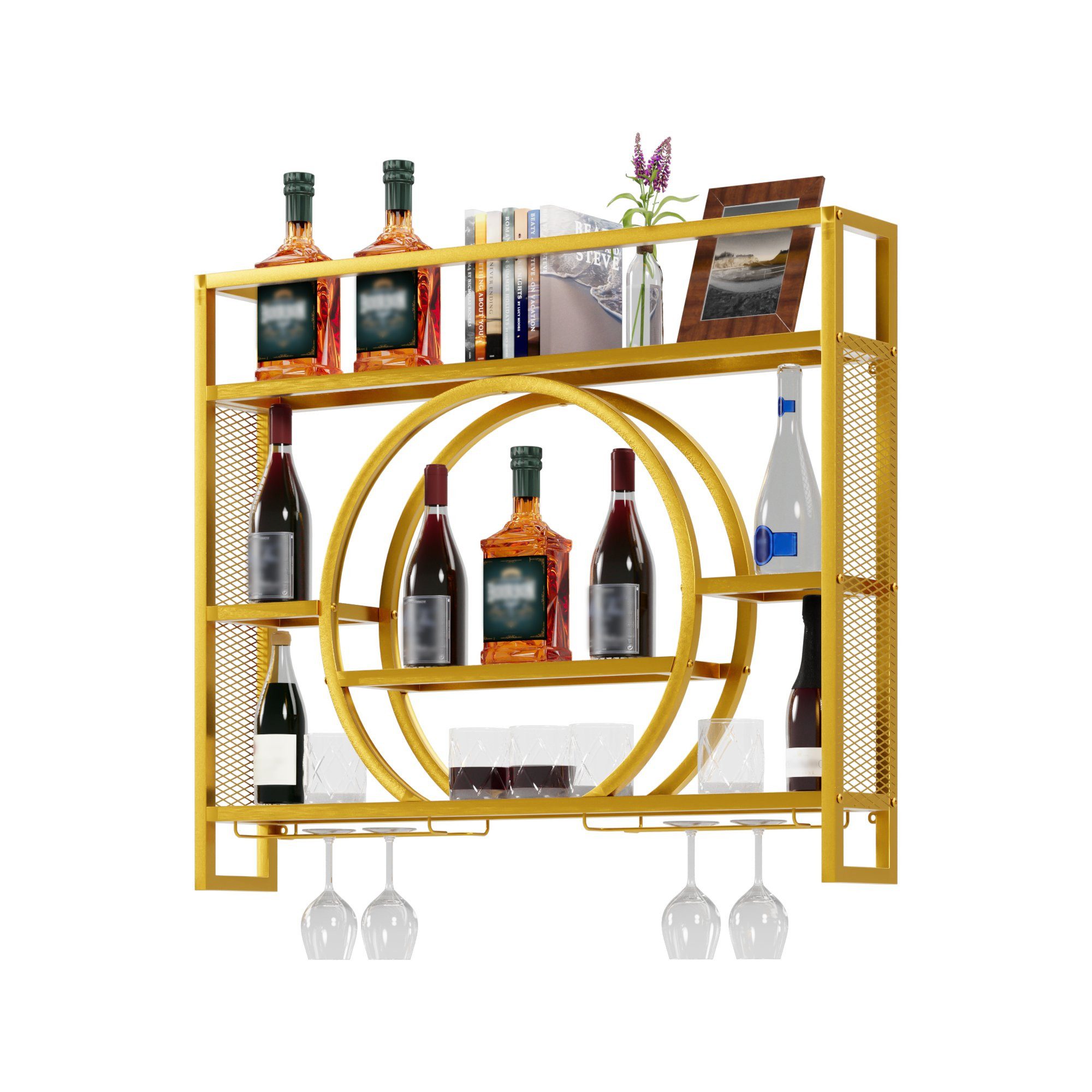 UEV Weinregal Schwebende Wandregal Mit 15 Farbe LED Beleuchtung Metall gold, Für Bar-Einheiten, Restaurants, Weinkeller, Küche, Modern Weinflaschenhalter Wandmontage Flaschenhalter