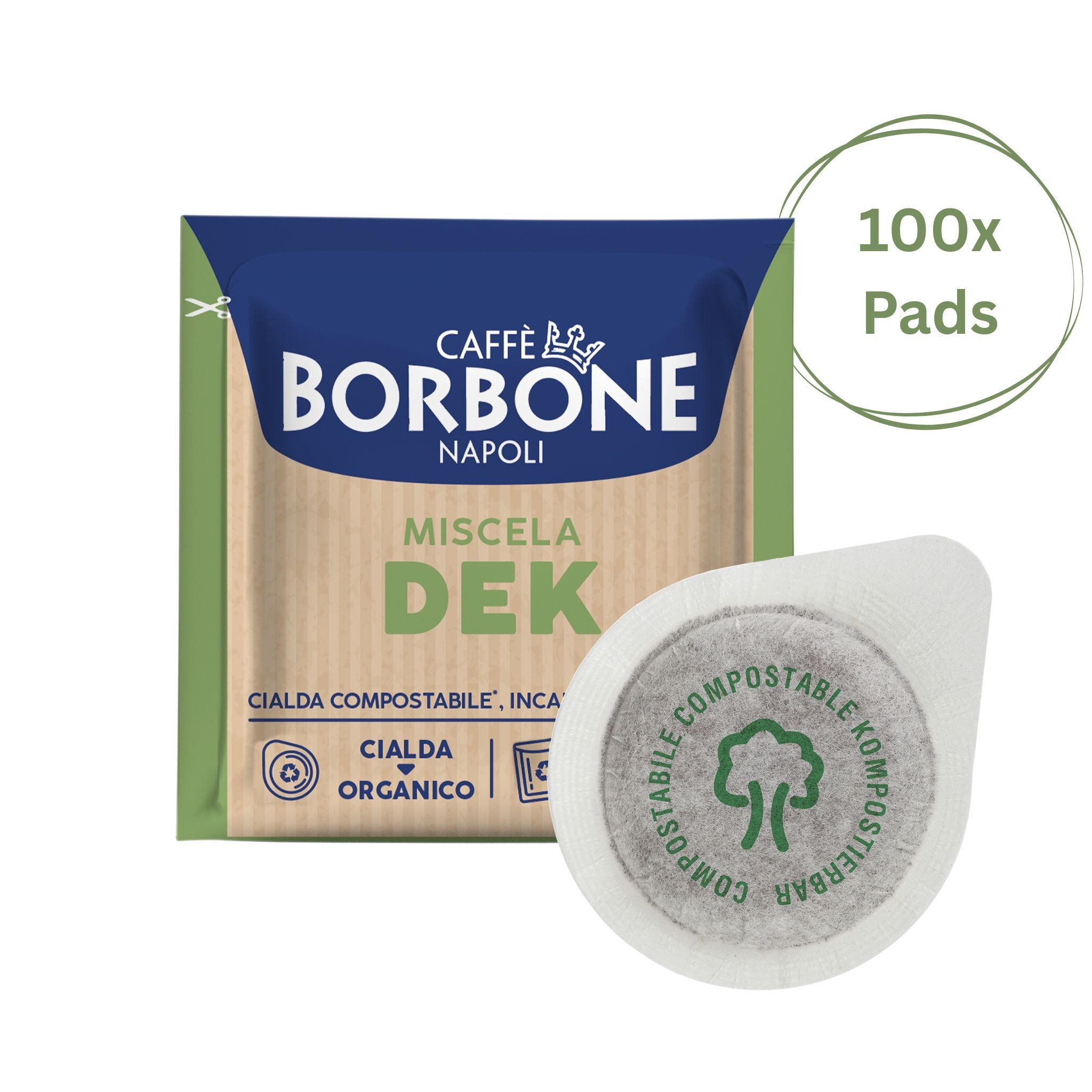 Caffè Borbone Kaffee Caffè Borbone Kompostierbare Kaffeepads DEK Kaffeemischung - 100 Pads, (kompostierbare Pads 44mm ESE Maschine, dekoffinierte Mischung)
