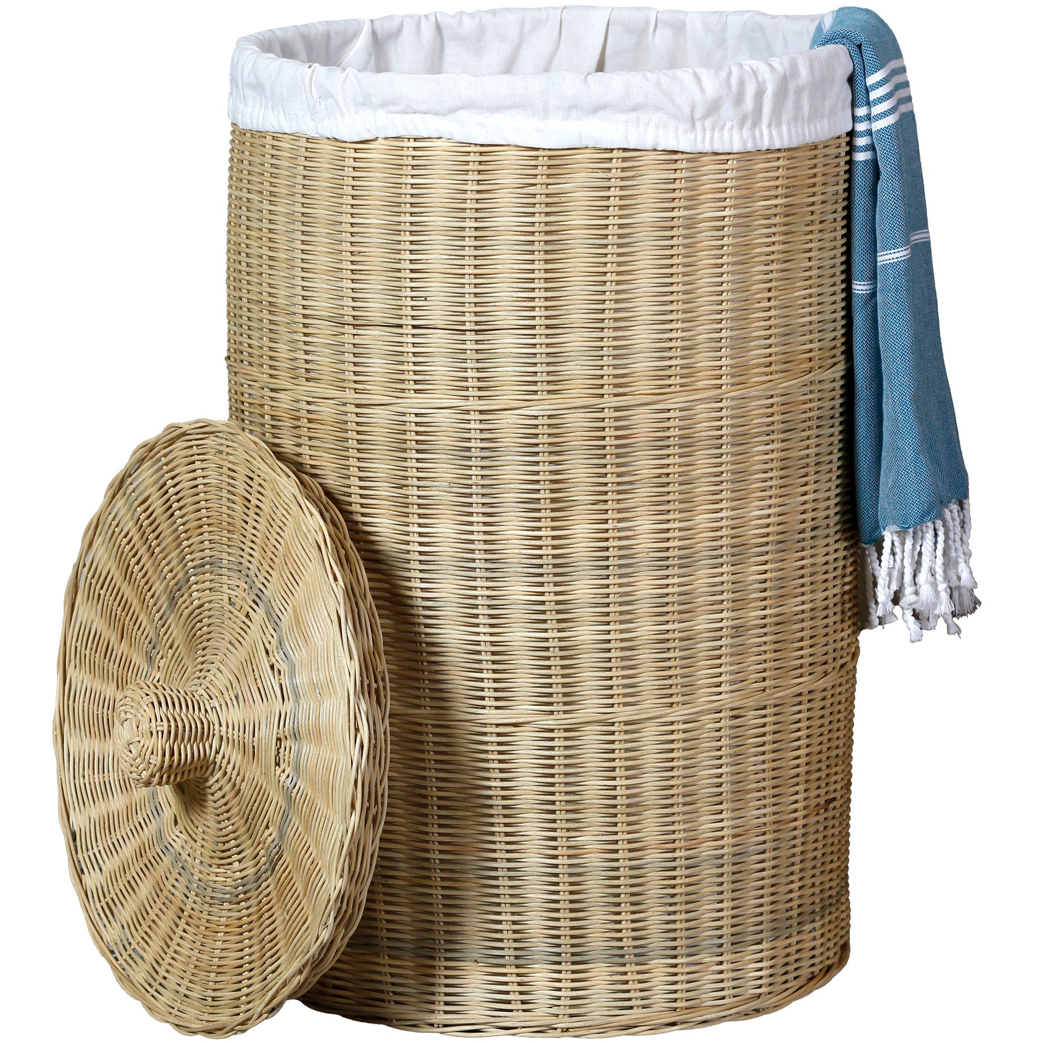 Casa Moro Wäschekorb Wäschesammler mit Deckel 50L Rattan Wäschekorb rund Natur (Spar-Set, Wäschekorb + Baumvollsack), handgeflochten, mit Deckel, inklusive Baumwollsack, Aufbewahrungskorb