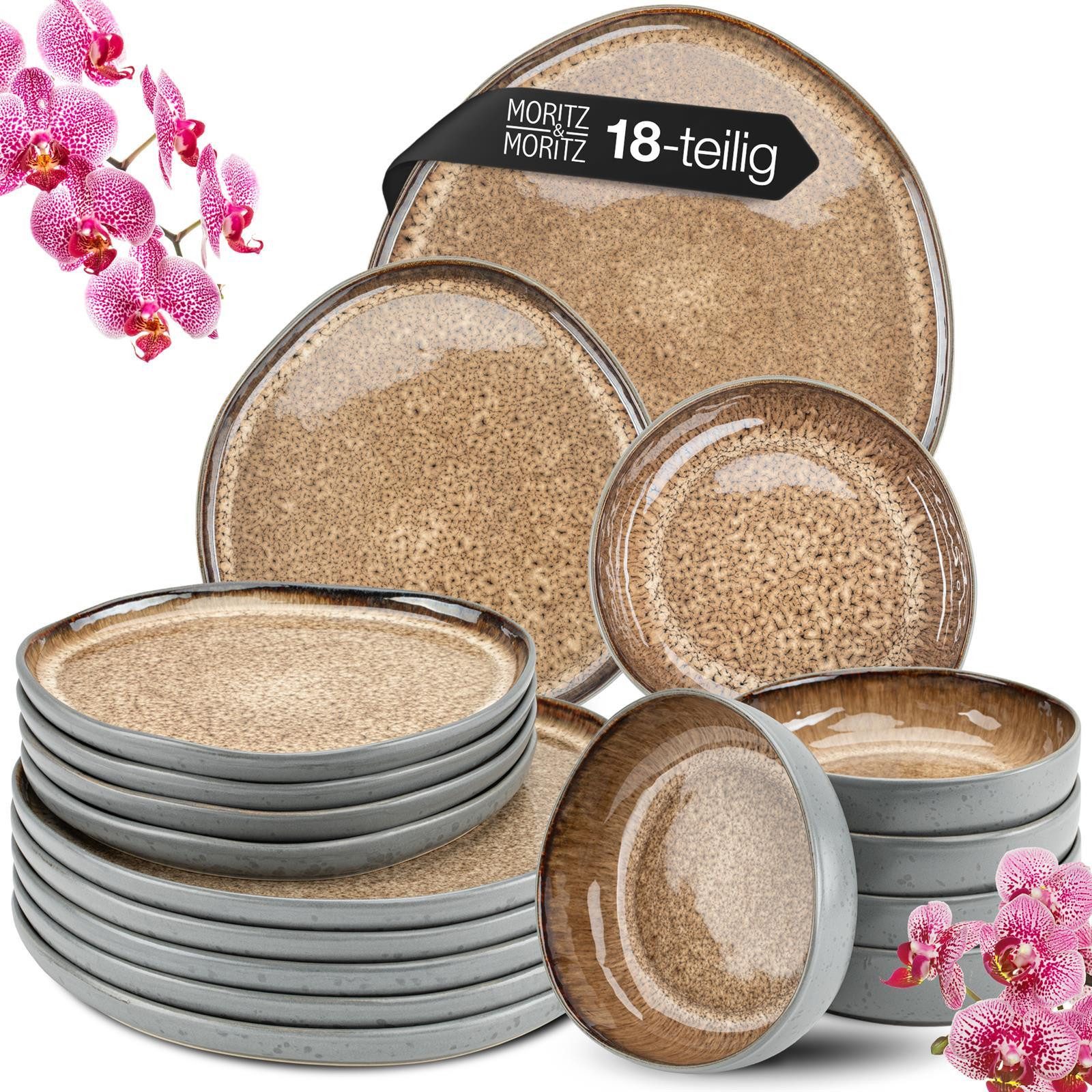 Moritz & Moritz Kombiservice ORGANIC beige Geschirrset (18-tlg), 6 Personen, Steinzeug, Kombigeschirr für 6 Personen