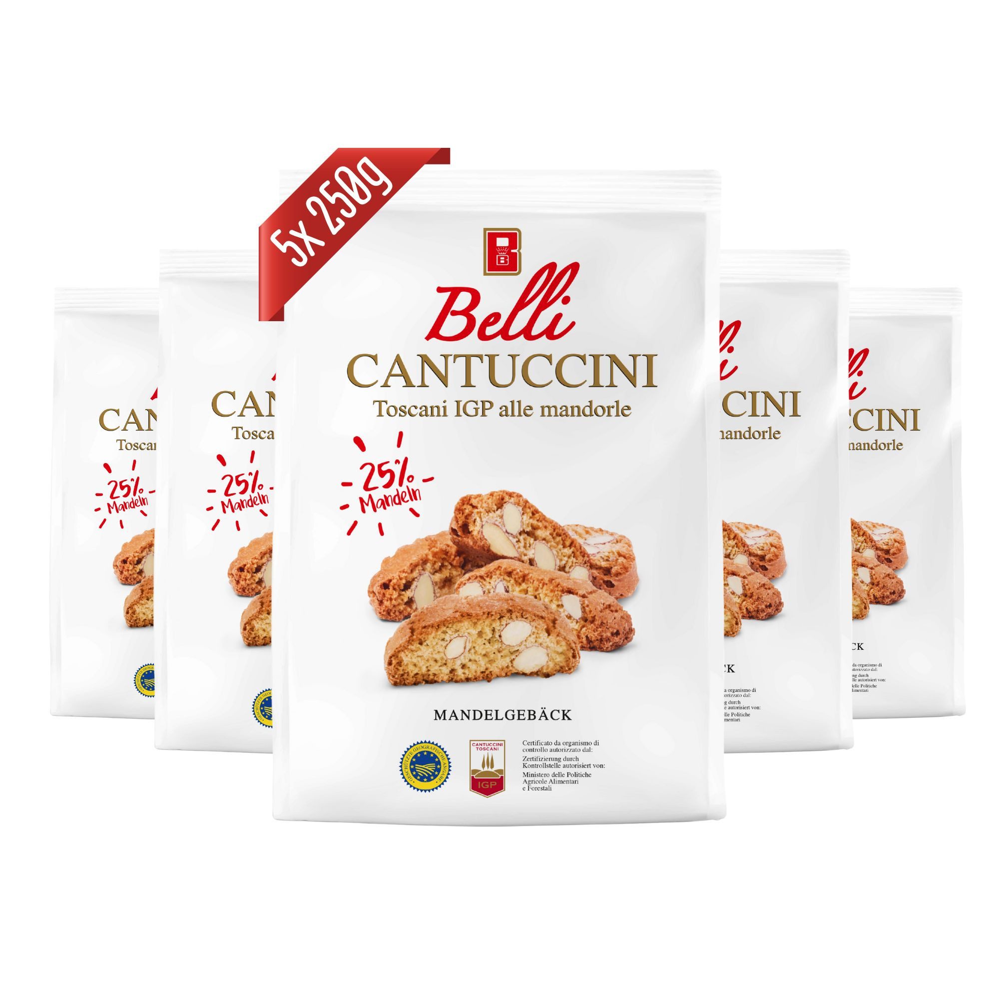 Belli Cantuccini Kekse Belli Cantuccini Toscani IGP alle mandorle (5x 250g) Mandelgebäck, 5 x 250 g, (Vorteilspaket, traditionelles italienisches Gebäck)