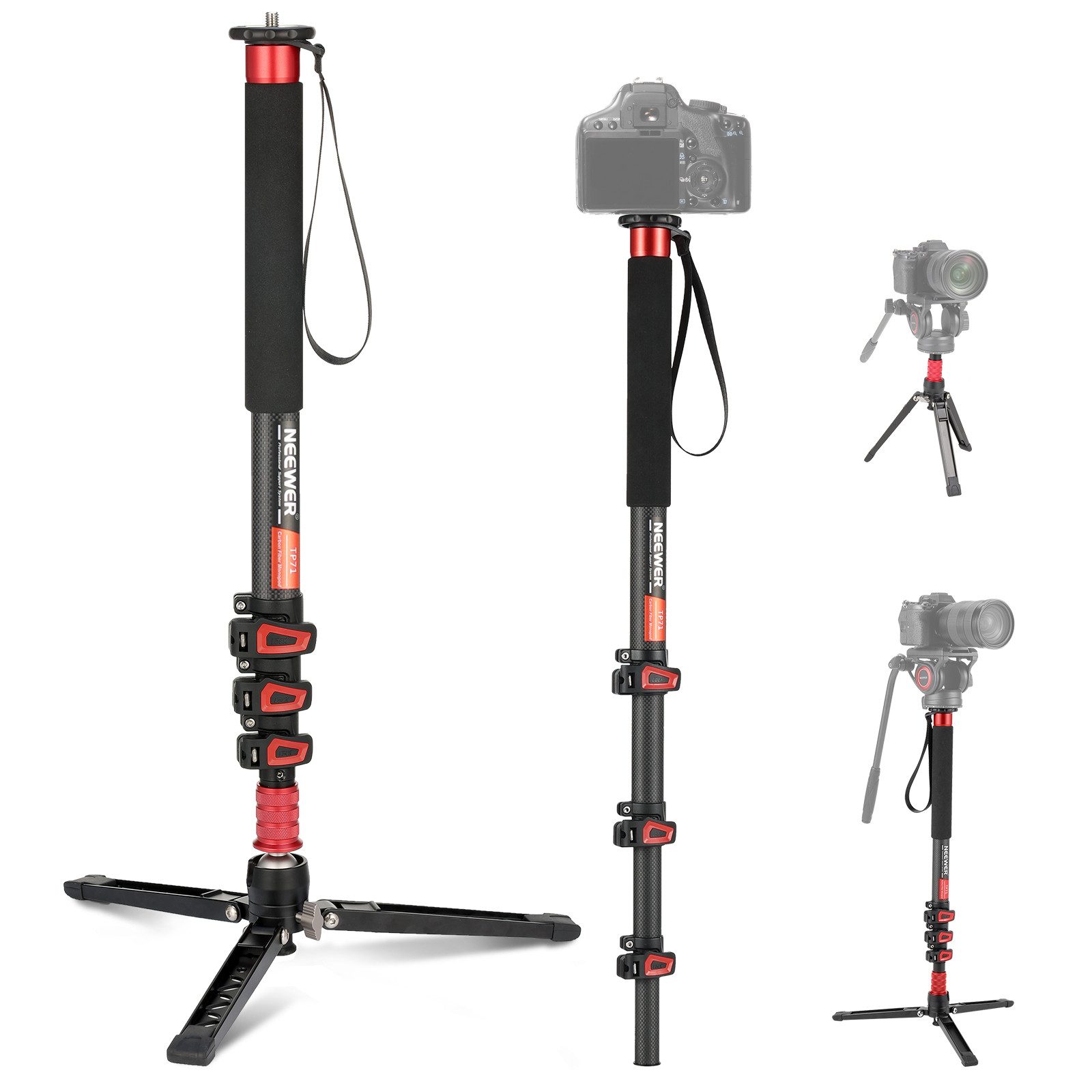 Neewer TP71 172cm Kamera Einbeinstativ, Monopod Reisestativ aus Kohlefaser Einbeinstativ (mit Abnehmbarer Basis für DSLR Videoaufnahmen, max. Belastung 6kg)