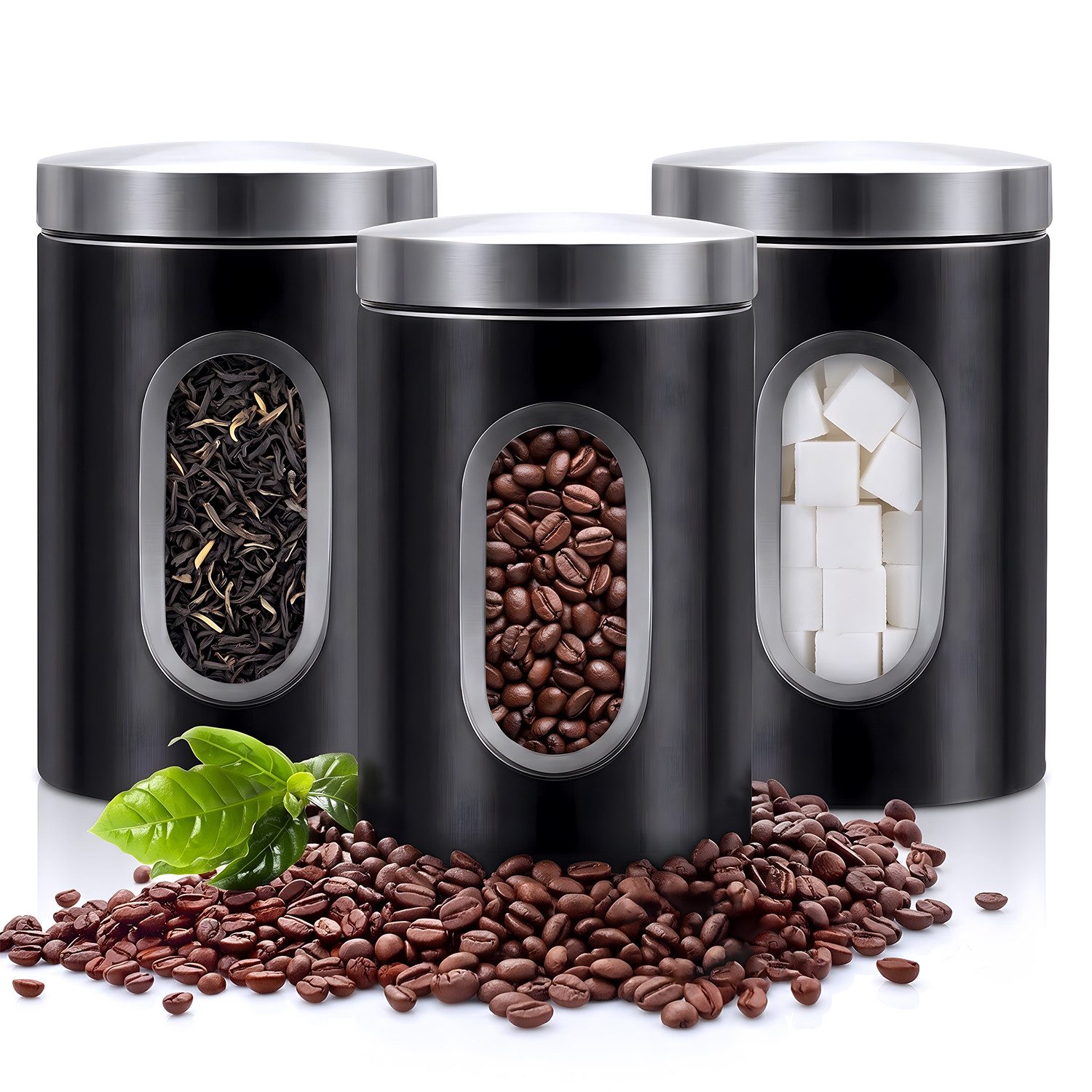 HEYHIPPO Kaffeedose 3er Set Kaffeedosen Edelstahl – luftdicht, mit Sichtfenster, 17,5×11cm, (Set, zur Aufbewahrung von Kaffee, Tee, Zucker, für Küche & Vorrat), – Bild 3 von 5